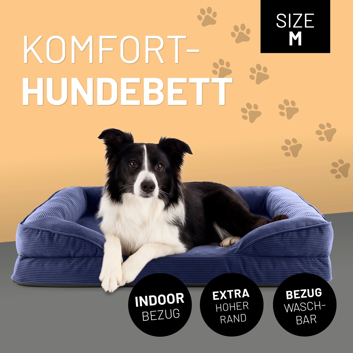 Ein Border Collie liegt im blauen Komfort-Hundebett Größe M. Icon "Indoor Bezug", "Extrahoher Rand" und "Bezug waschbar".