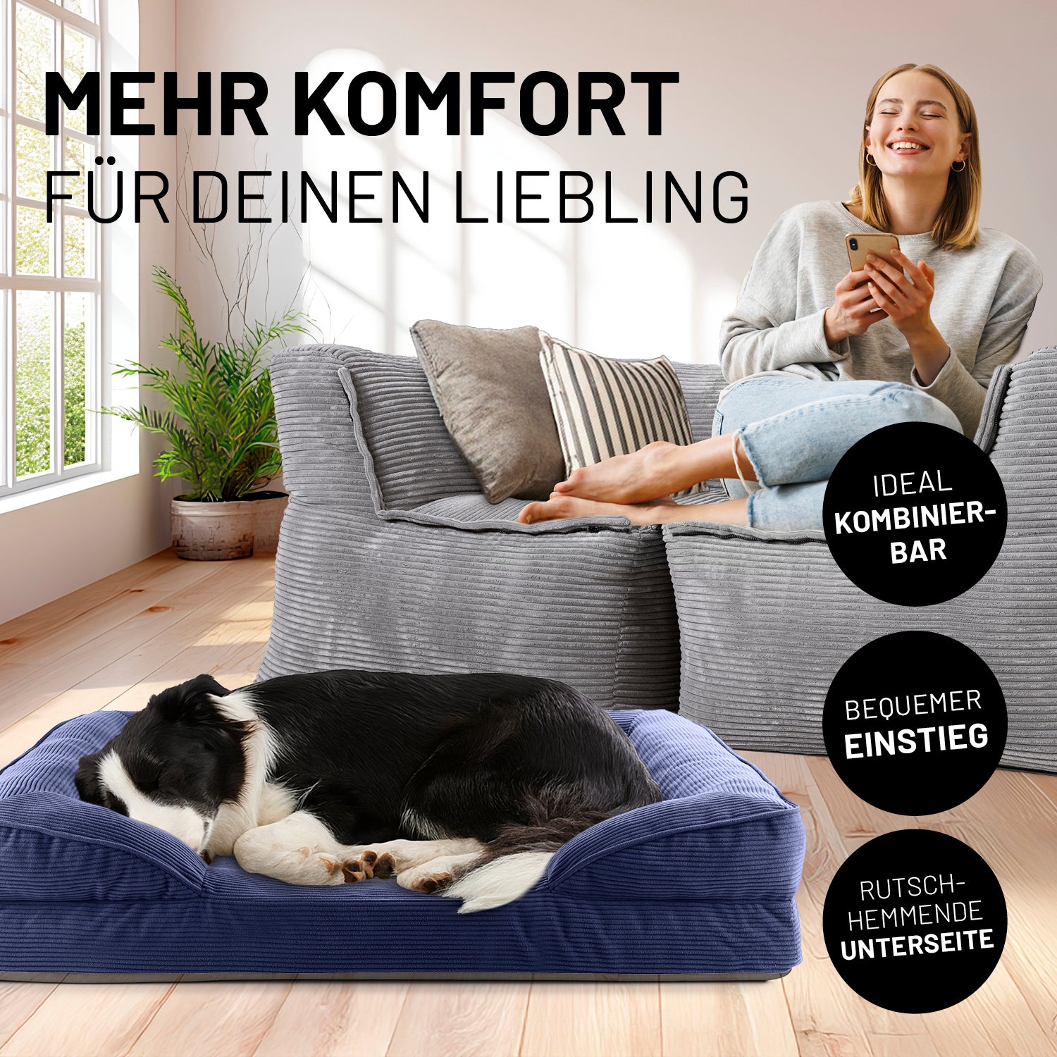 Frau sitzt entspannt auf grauen Modularen System Cord, während der Hund im blauen Hundebett Cord liegt. Icons "Ideal kombinierbar", "Bequemer Einstieg" und "Rutschhemmende Unterseite".