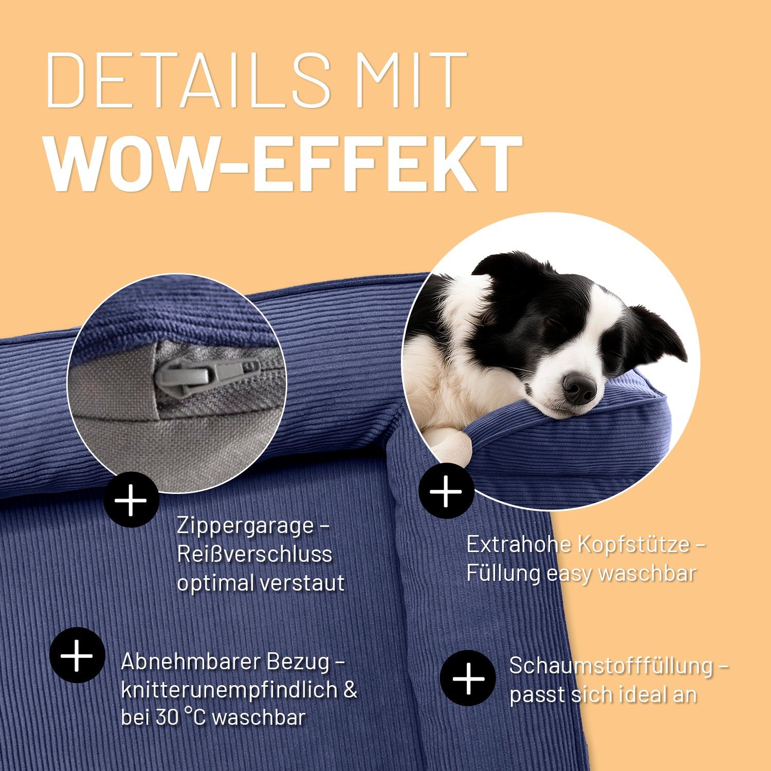Detailaufnahme des blauen Hundebetts mit Cord-Bezug. Info zu "Zippergarage", "abnehmbarer Bezug", "extra hoher Kopfstütze" und "anpassungsfähiger Schaumstofffüllung".