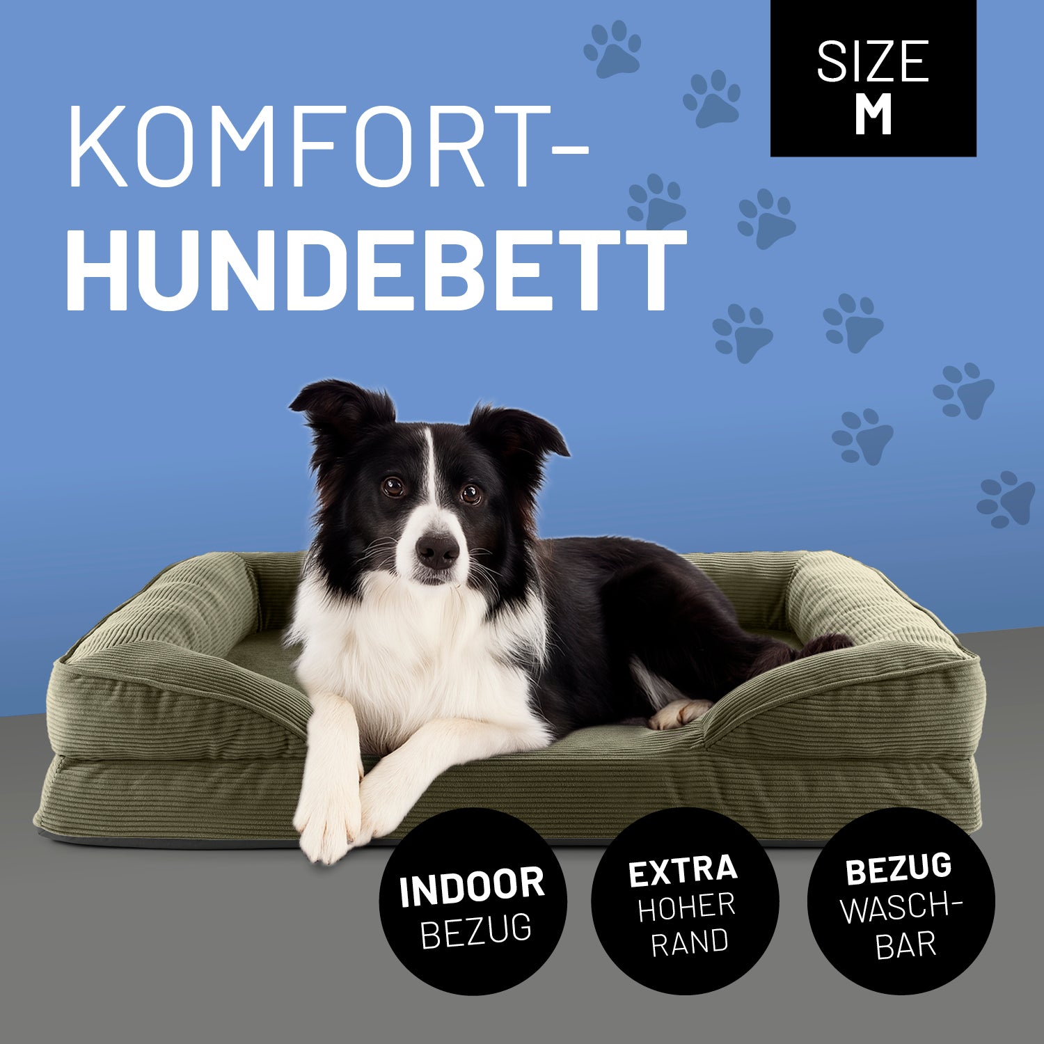 Ein Border Collie liegt im olivegrünen Komfort-Hundebett Größe M. Icon "Indoor Bezug", "Extrahoher Rand" und "Bezug waschbar".