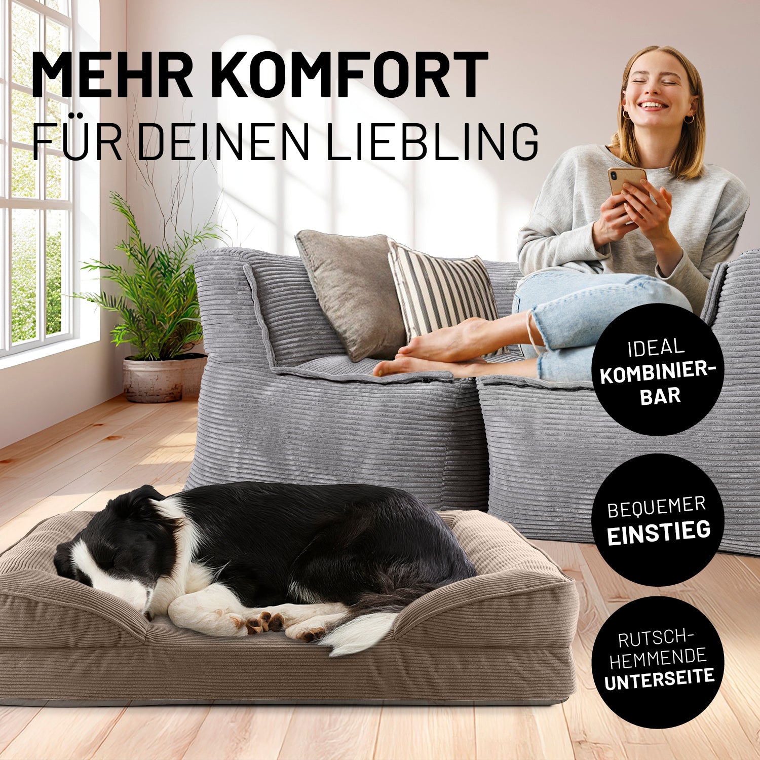 Frau sitzt entspannt auf grauen Modularen System Cord, während der Hund im hellbraunen Hundebett Cord liegt. Icons "Ideal kombinierbar", "Bequemer Einstieg" und "Rutschhemmende Unterseite".