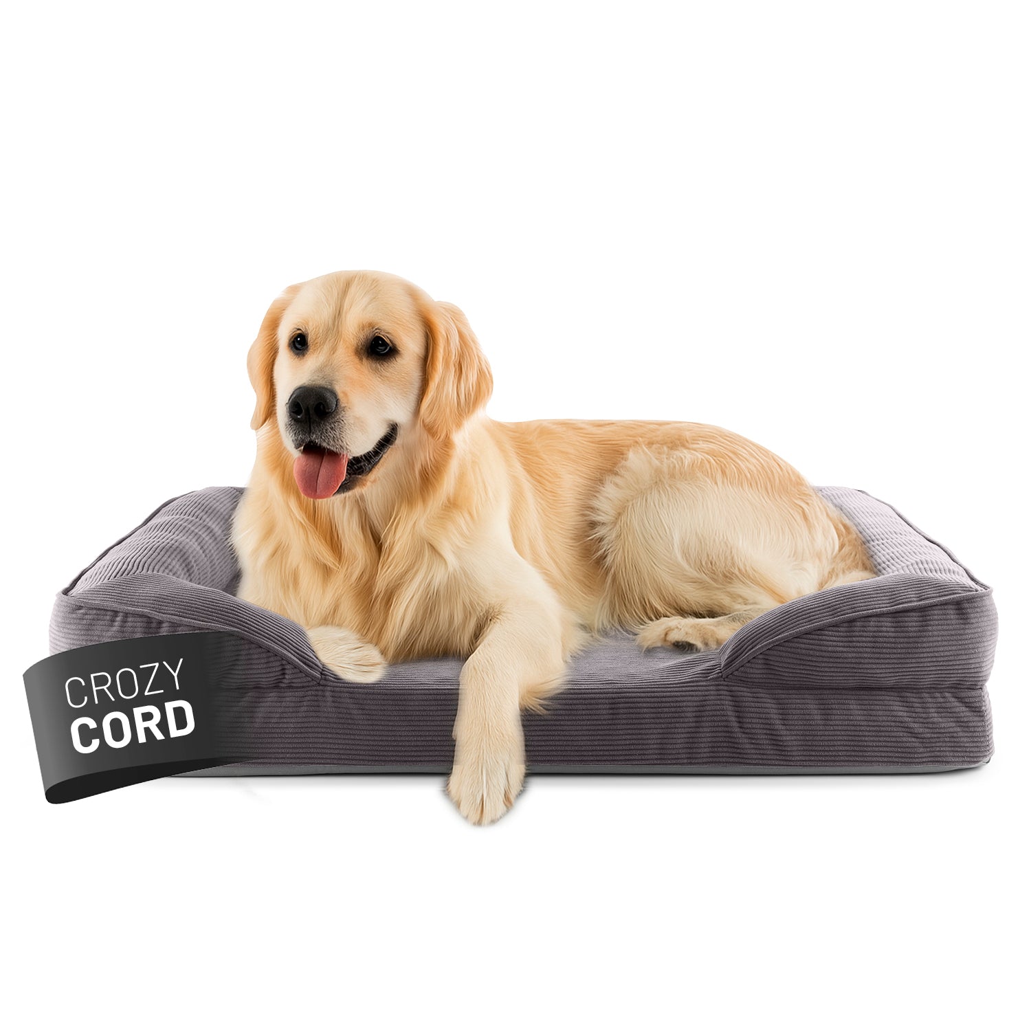 Ein Golden Retriever liegt in dem grauen LUMALAND Hundebett mit weichem Cord-Bezug, Vorderpfoten über die Kante gelegt, Blick aufmerksam nach vorne.