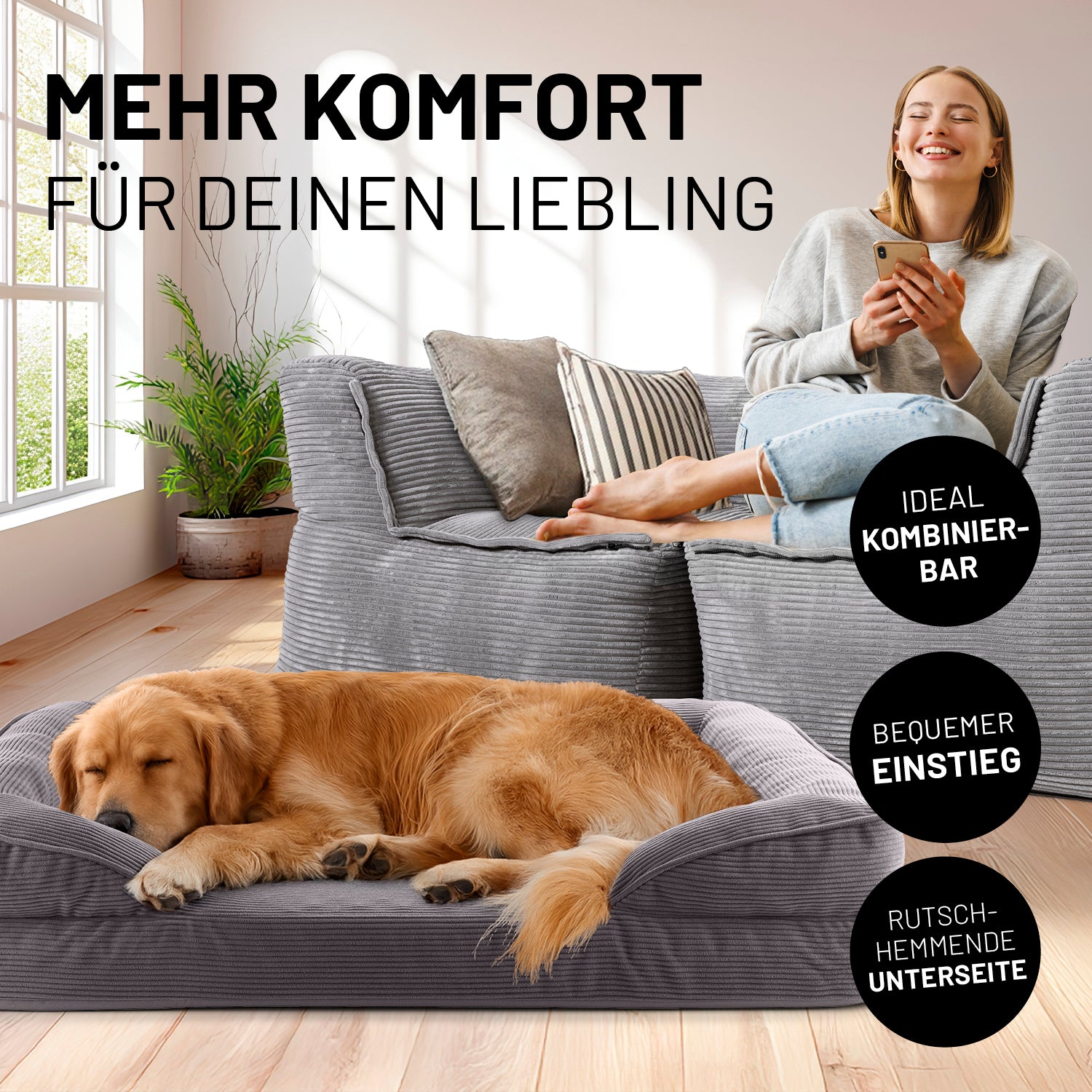 Frau sitzt entspannt auf grauen Modularen System Cord, während der Hund im grauen Hundebett Cord liegt. Icons "Ideal kombinierbar", "Bequemer Einstieg" und "Rutschhemmende Unterseite".