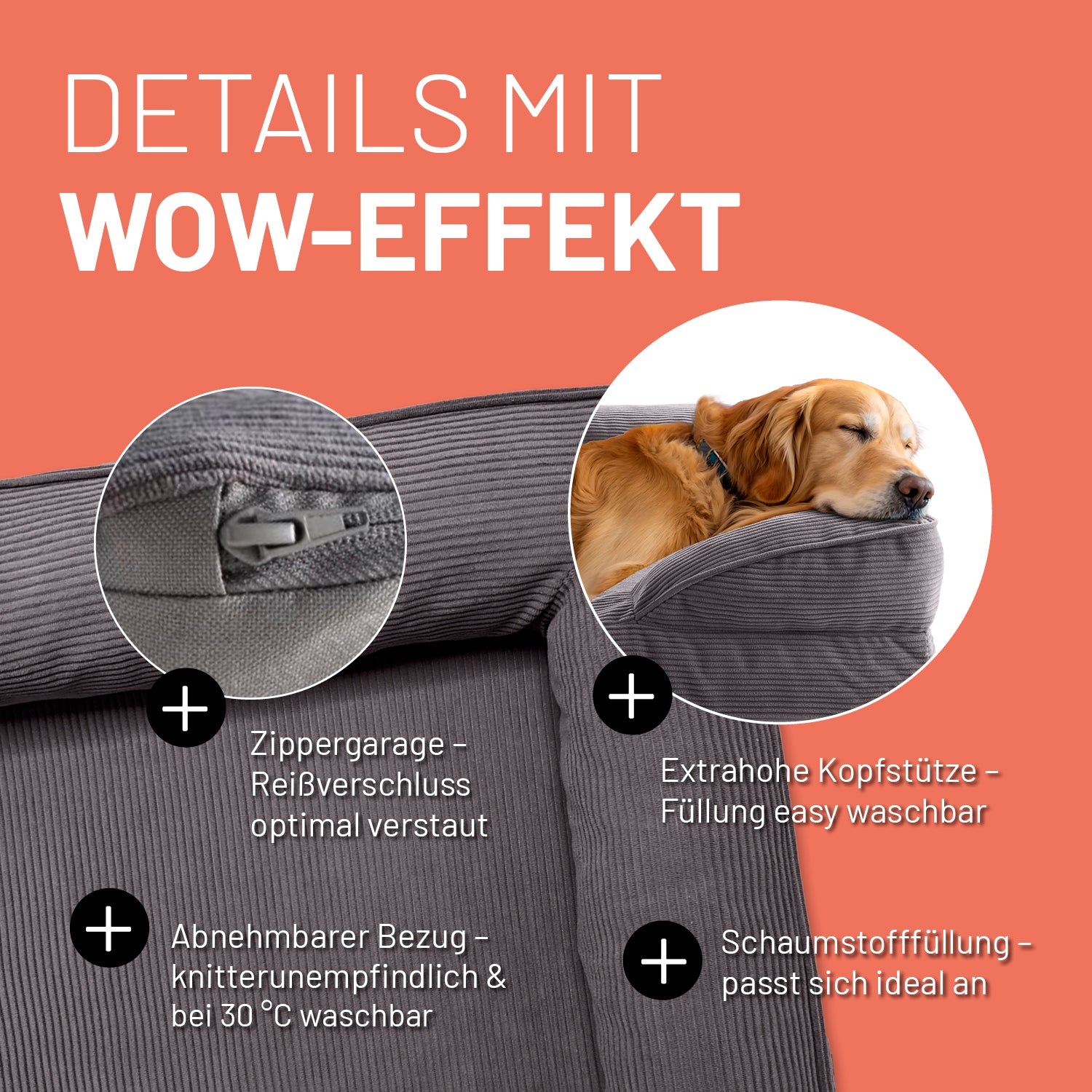 Detailaufnahme des grauen Hundebetts mit Cord-Bezug. Info zu "Zippergarage", "abnehmbarer Bezug", "extra hoher Kopfstütze" und "anpassungsfähiger Schaumstofffüllung".