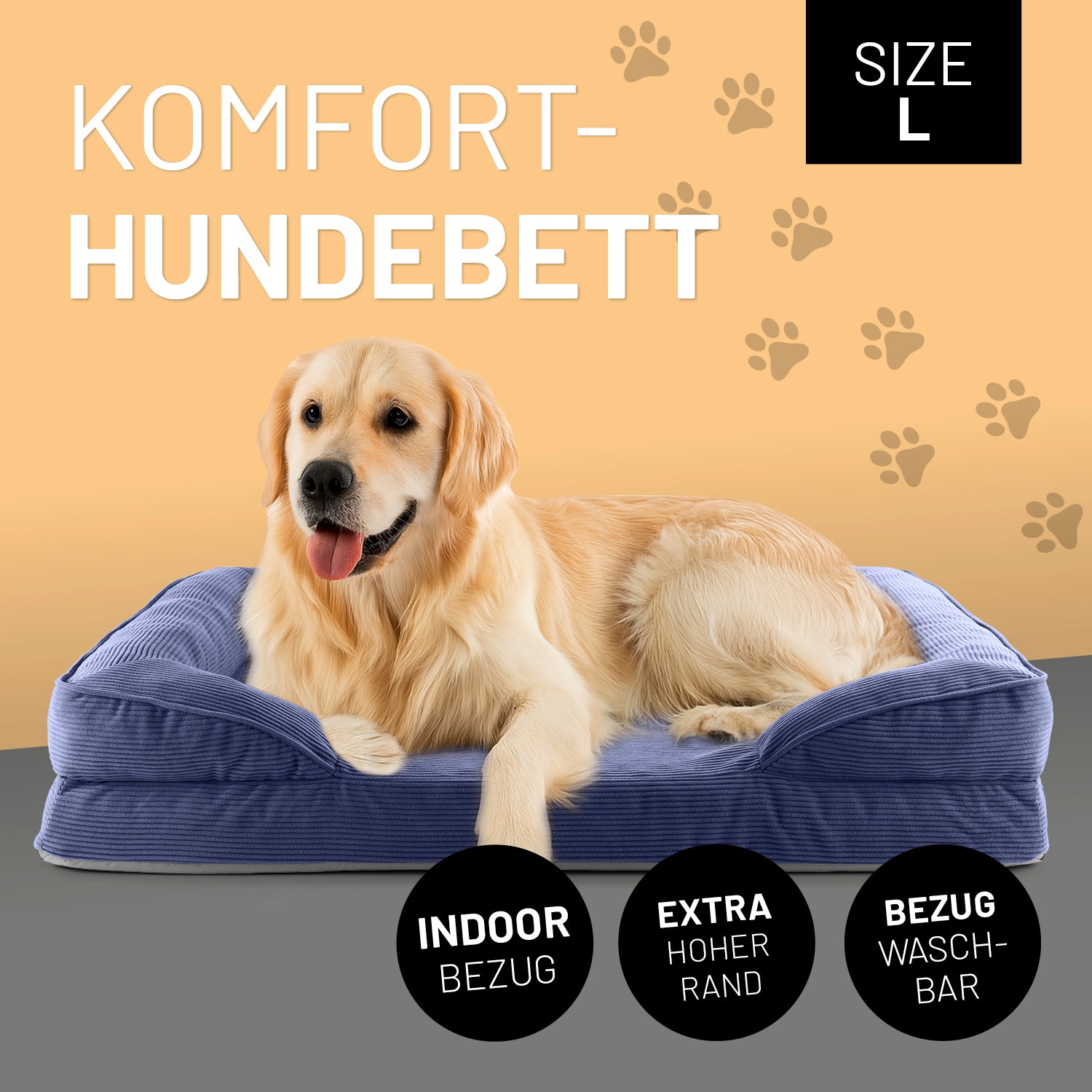 Ein Golden Retriver liegt im navyblauen Komfort-Hundebett Größe L. Icon "Indoor Bezug", "Extrahoher Rand" und "Bezug waschbar".