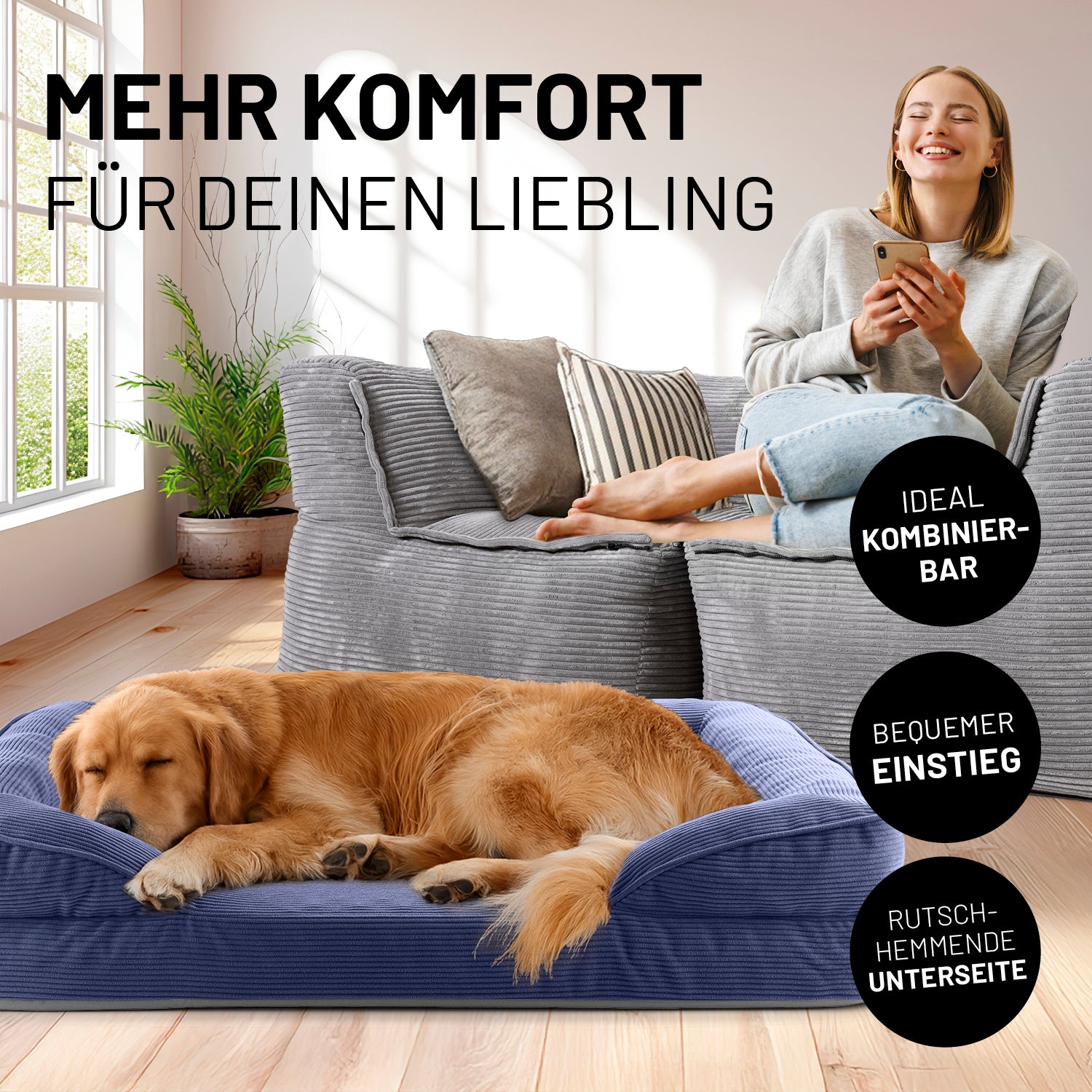 Frau sitzt entspannt auf grauen Modularen System Cord, während der Hund im blauen Hundebett Cord liegt. Icons "Ideal kombinierbar", "Bequemer Einstieg" und "Rutschhemmende Unterseite".