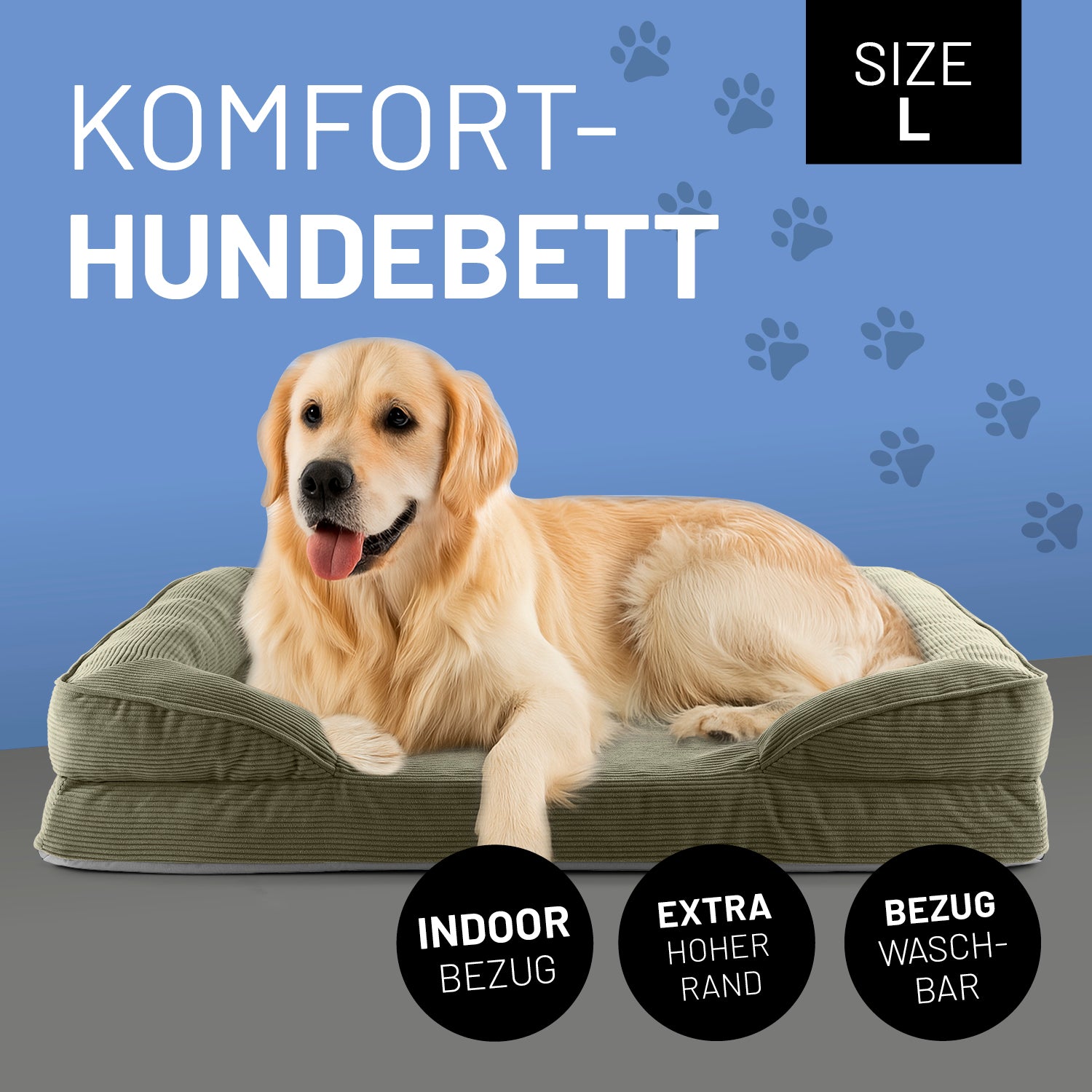 Ein Golden Retriver liegt im olivegrünen Komfort-Hundebett Größe L. Icon "Indoor Bezug", "Extrahoher Rand" und "Bezug waschbar".