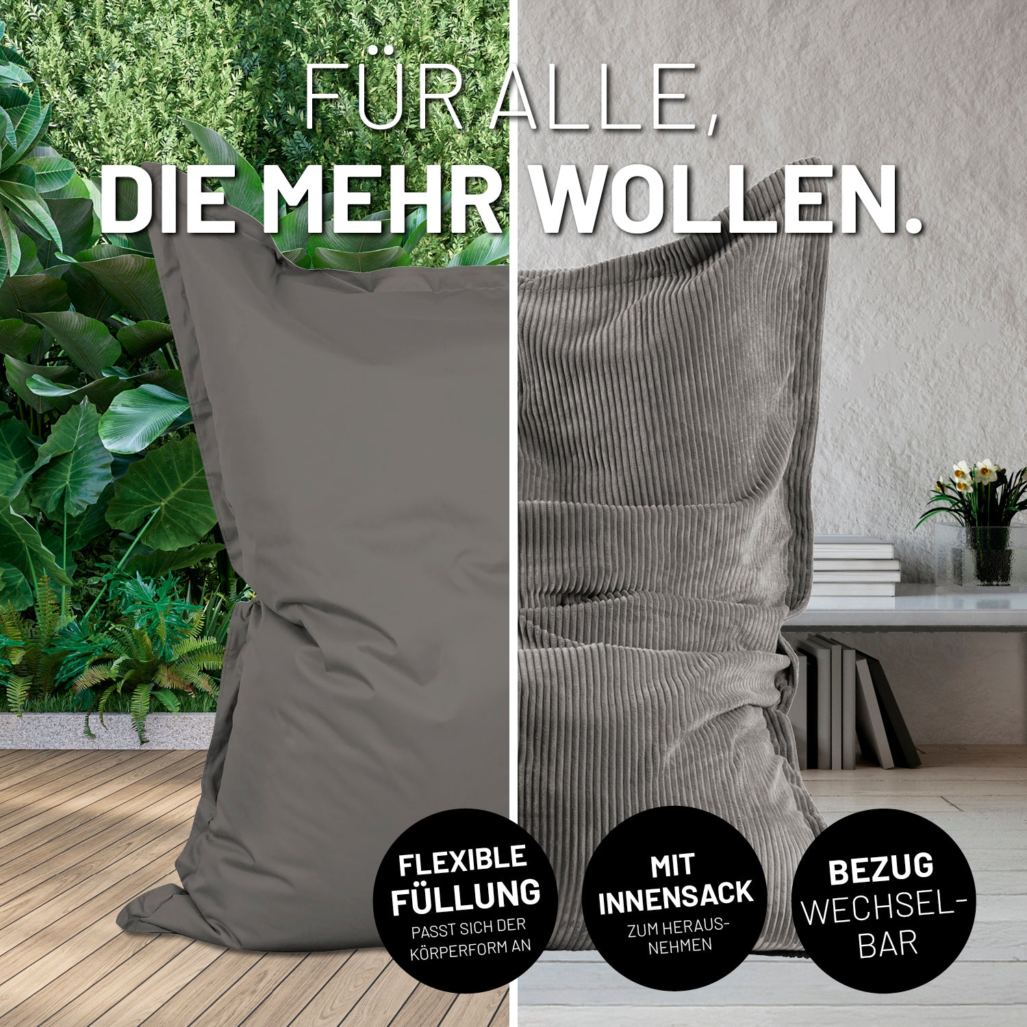 Bildteilung: Links XXL-Sitzsack Outdoor auf einer Terrasse und rechts XXL-Sitzsack mit Outdoorhülle im Wohnzimmer mit Icons "Flexible Füllung", "Mit Innensack" und "Bezug wechselbar".