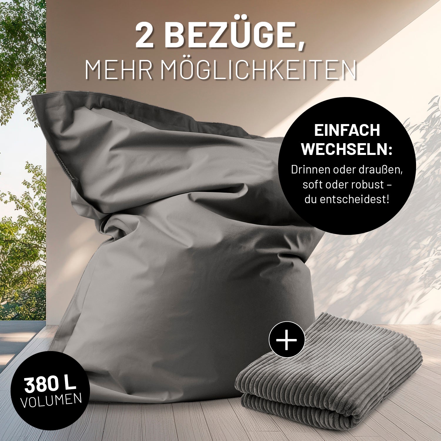 XXL-Sitzsack in Groß mit Outdoorbezug, daneben ein Cord-Bezug mit Icon "Einfach wechseln - Drinnen oder Draußen" und "380 L Volumen".