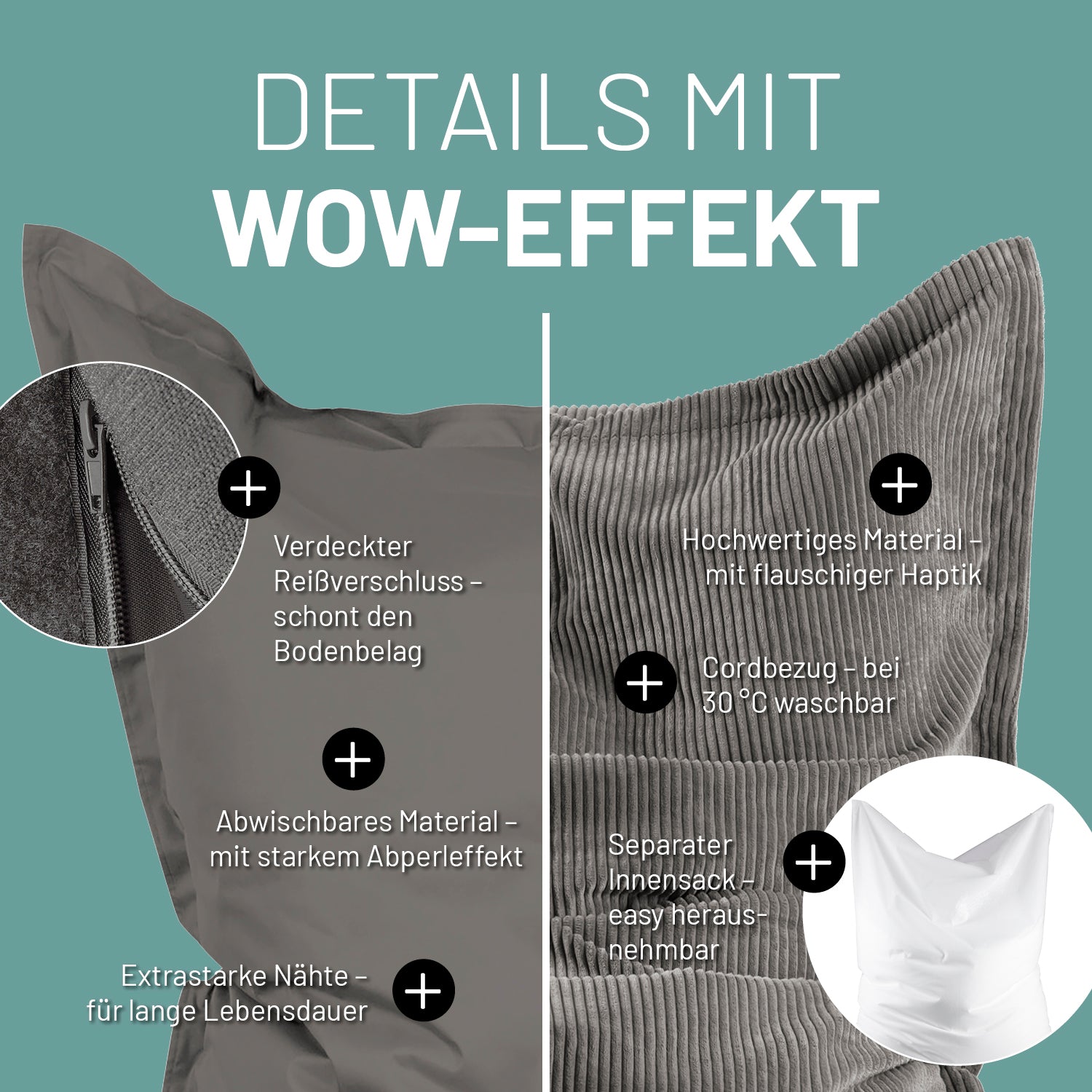 Grauer Sitzsack mit beiden Bezügen im Detail mit unterschiedlichen Informationen zu den USPs der unterschiedlichen Bezüge.