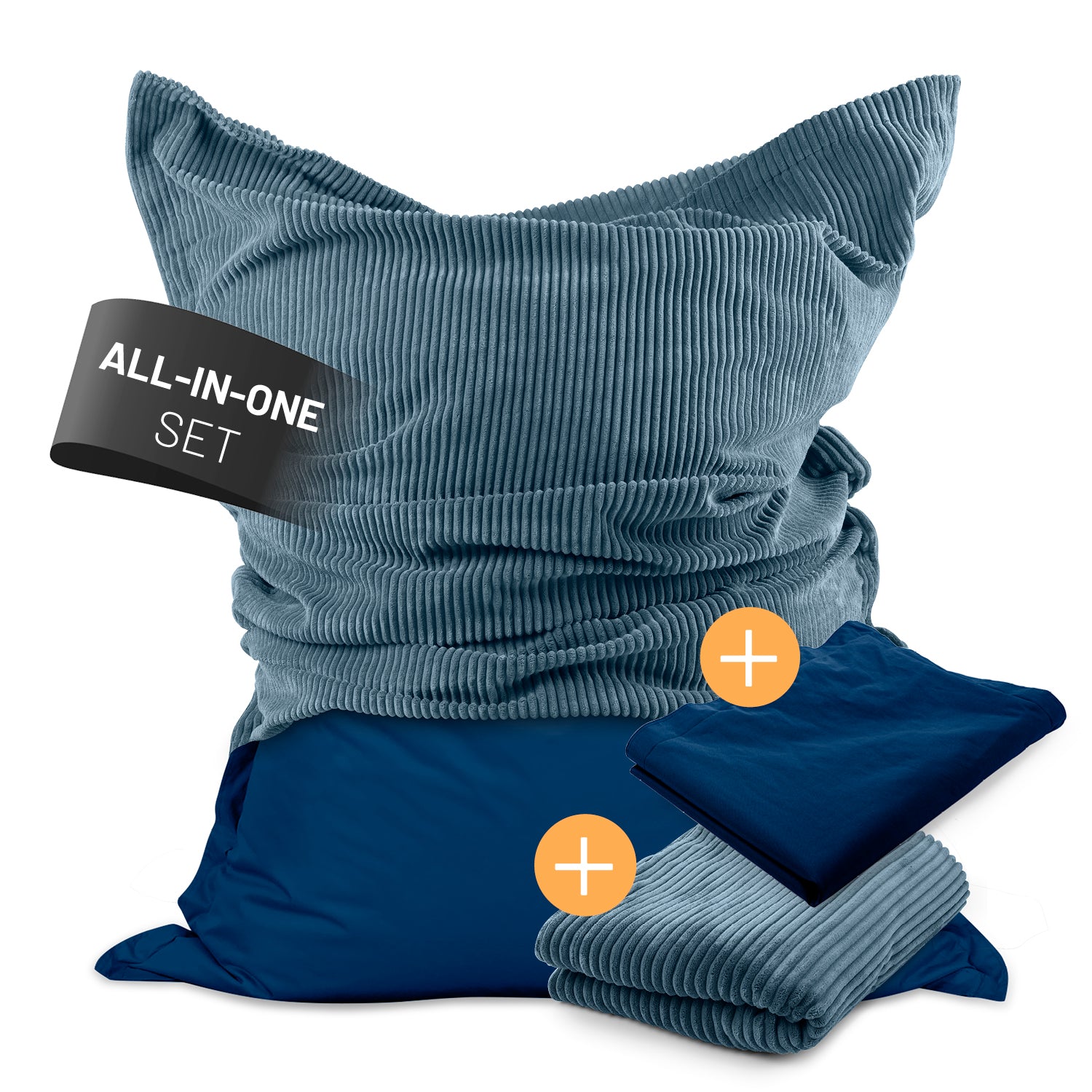 LUMALAND Sitzsack Classic XXL All-in-One Set in Navyblau vor weißem Hintergrund. Sitzsack zur Hälfte mit Cord-Hülle, zur Hälfte mit Outdoor-Hülle.