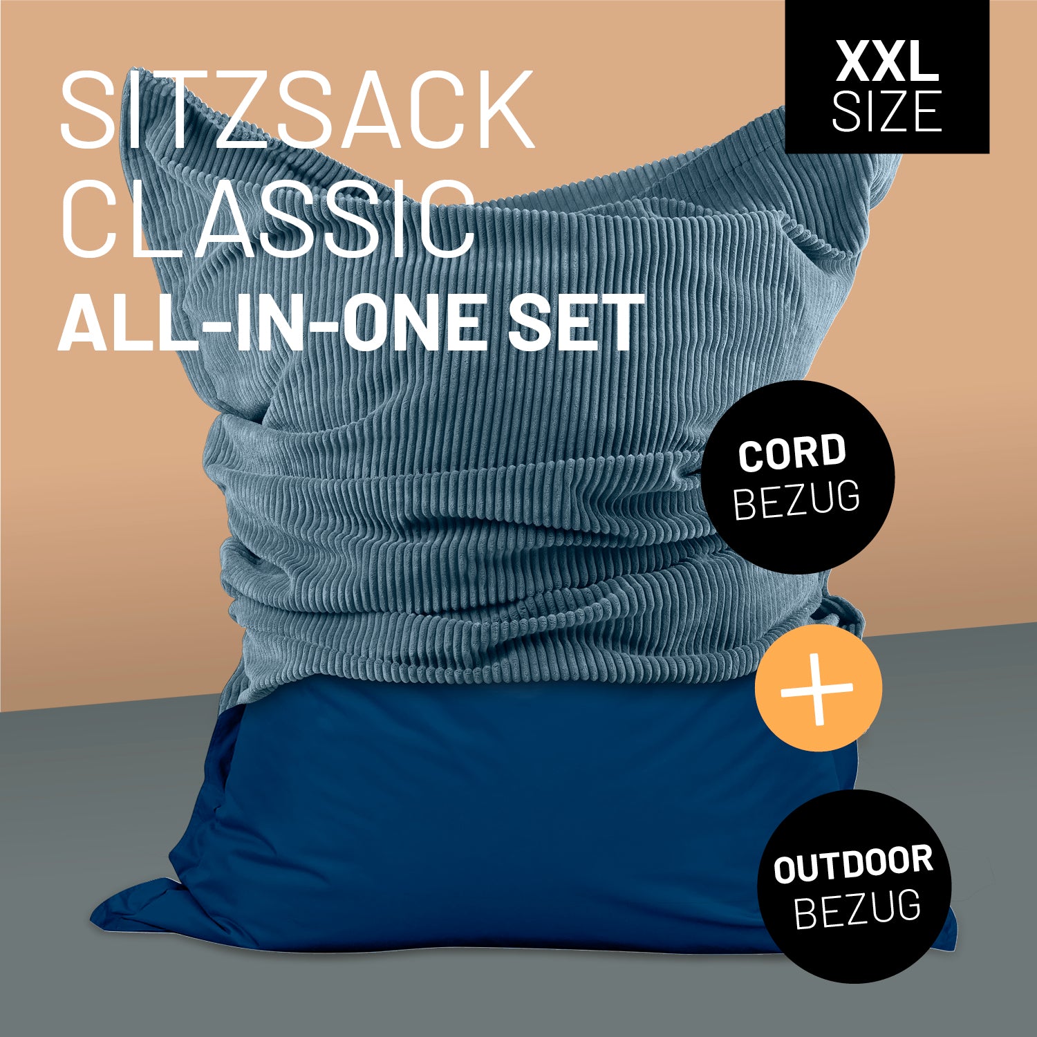 LUMALAND Sitzsack Classic XXL All-in-One Set in Navyblau mit Icon "XXL Size", "Cord-Bezug + Outdoor-Bezug".