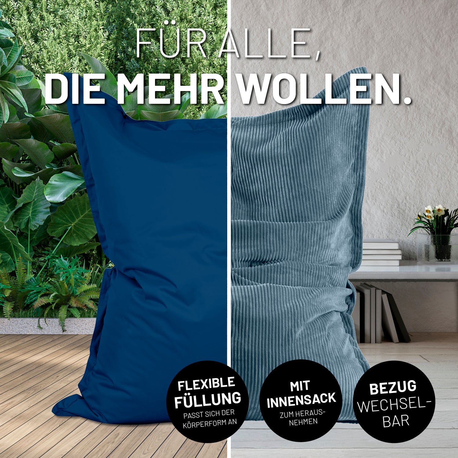 Bildteilung: Links XXL-Sitzsack Outdoor auf einer Terrasse und rechts XXL-Sitzsack mit Outdoorhülle im Wohnzimmer mit Icons "Flexible Füllung", "Mit Innensack" und "Bezug wechselbar".