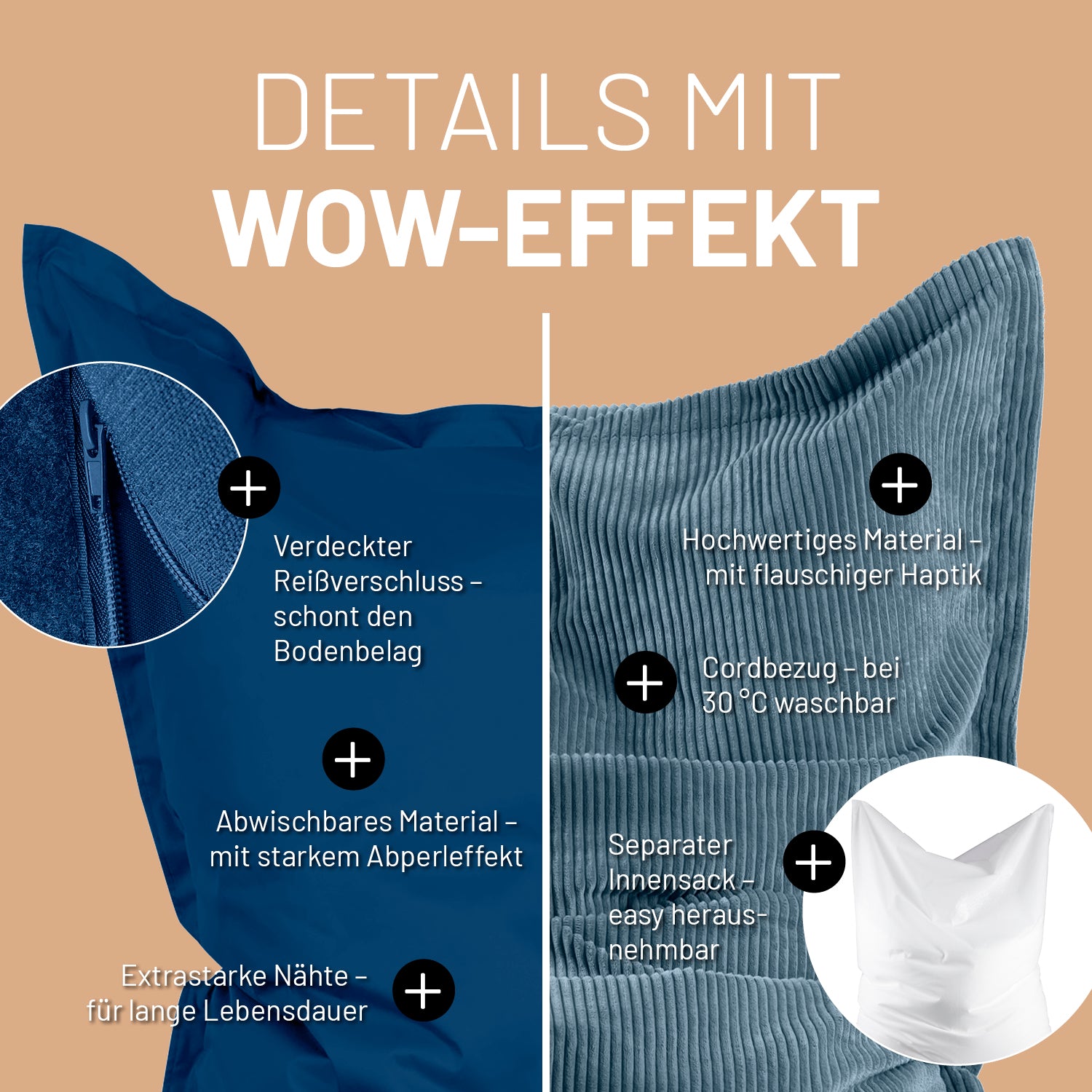 Navyblau Sitzsack mit beiden Bezügen im Detail mit unterschiedlichen Informationen zu den USPs der unterschiedlichen Bezüge.