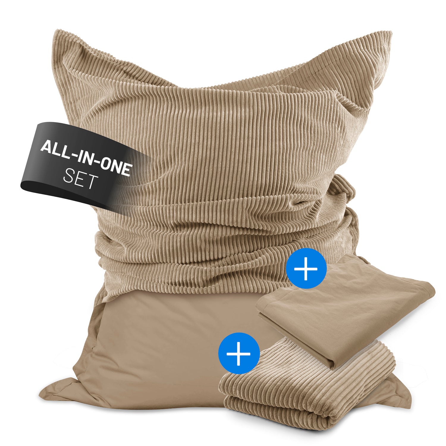 LUMALAND Sitzsack Classic XXL All-in-One Set in Beige vor weißem Hintergrund. Sitzsack zur Hälfte mit Cord-Hülle, zur Hälfte mit Outdoor-Hülle.