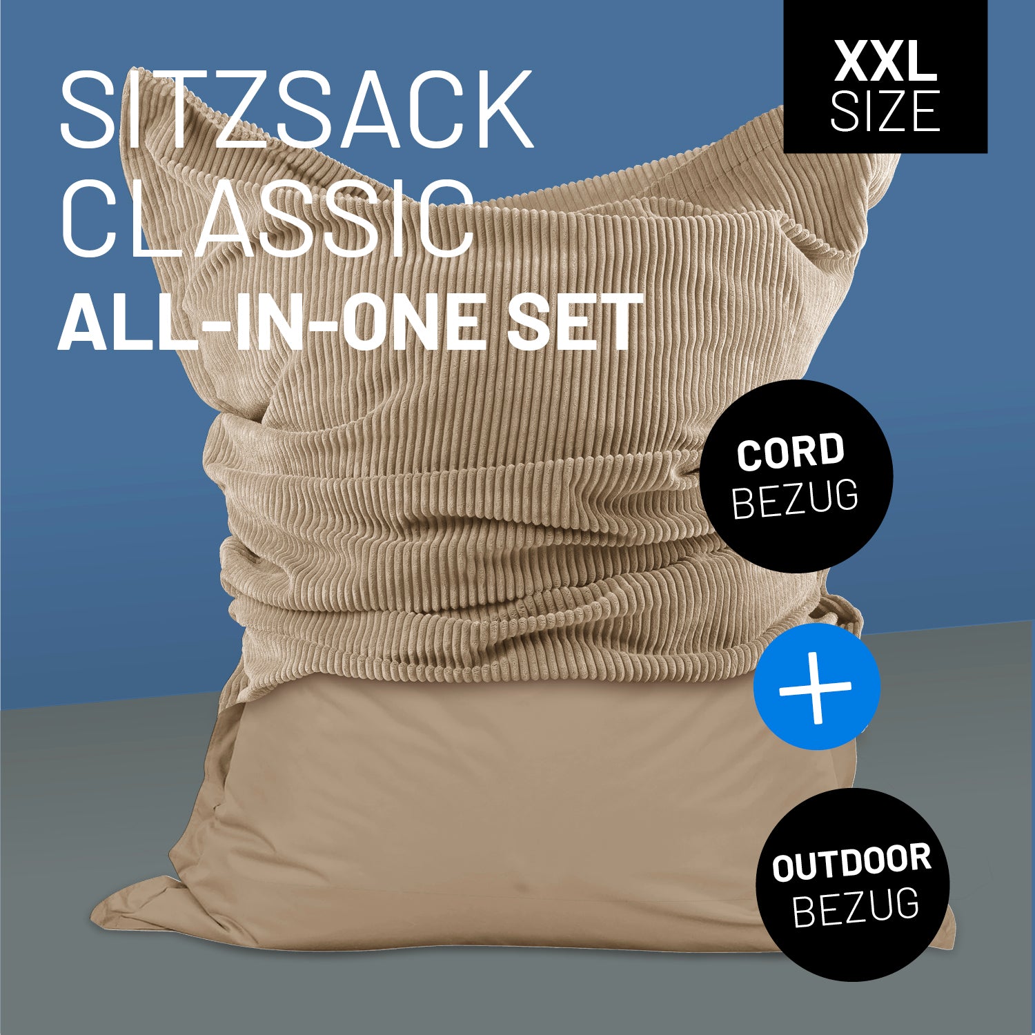 LUMALAND Sitzsack Classic XXL All-in-One Set in Beige mit Icon "XXL Size", "Cord-Bezug + Outdoor-Bezug".