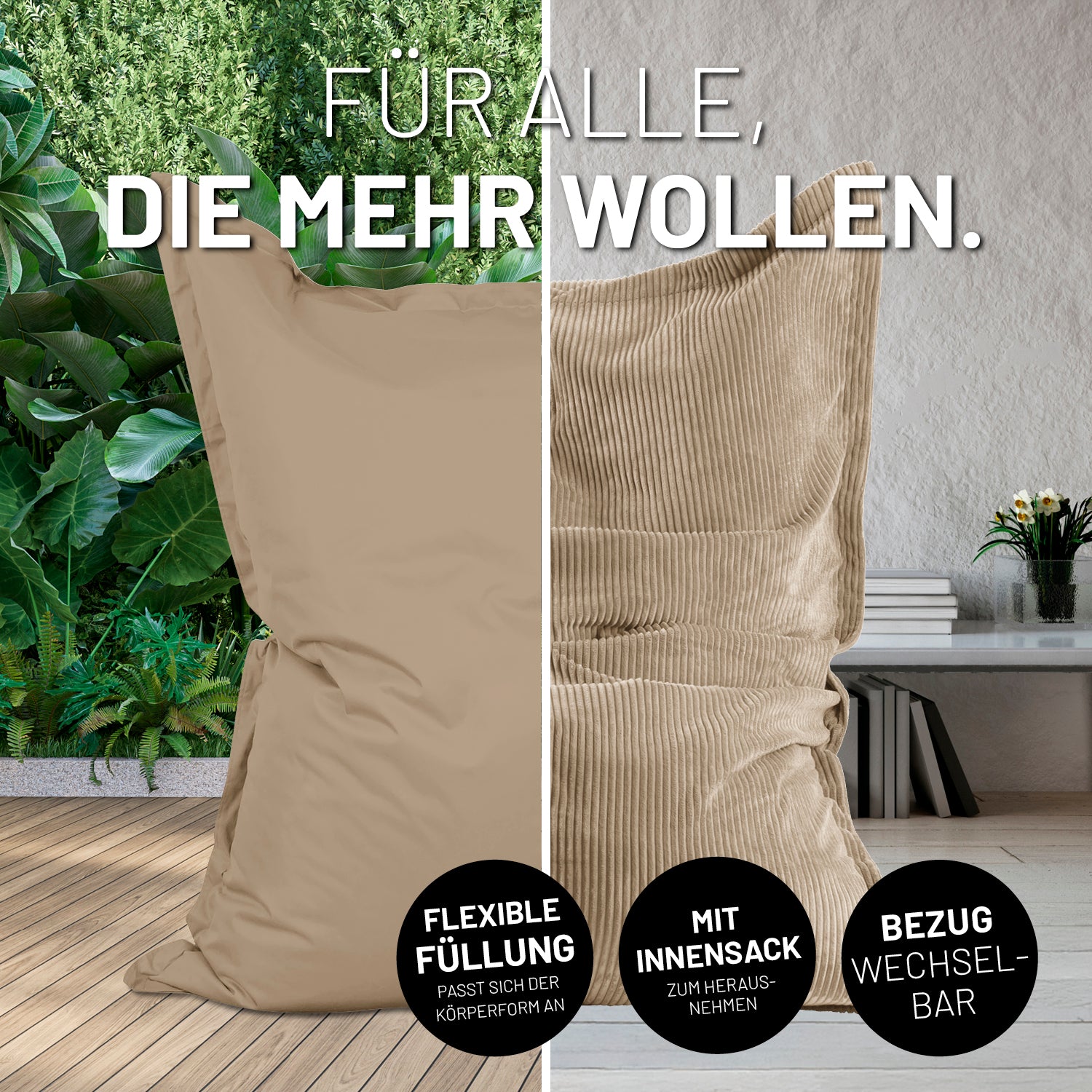 Bildteilung: Links XXL-Sitzsack Outdoor auf einer Terrasse und rechts XXL-Sitzsack mit Outdoorhülle im Wohnzimmer mit Icons "Flexible Füllung", "Mit Innensack" und "Bezug wechselbar".