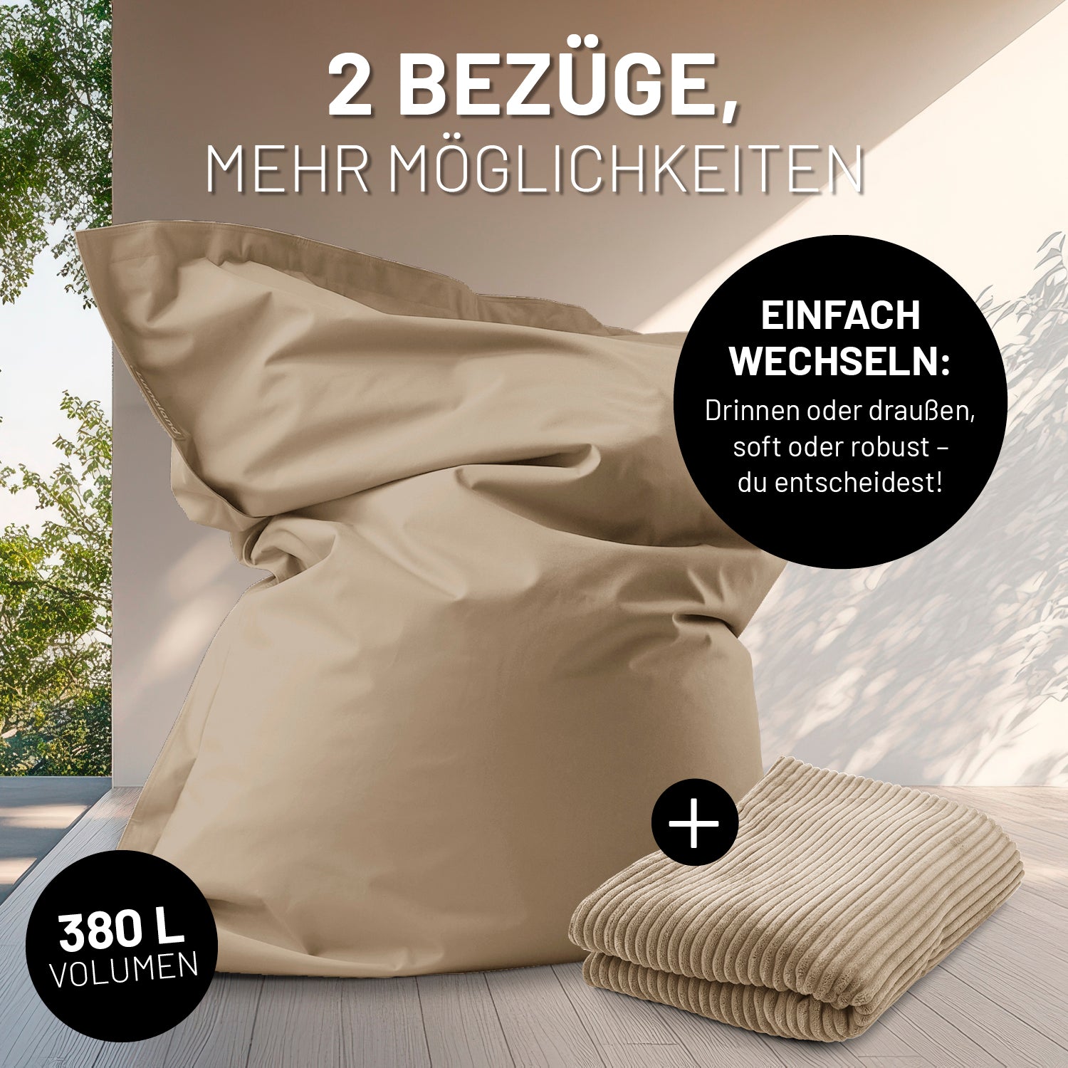 XXL-Sitzsack in Groß mit Outdoorbezug, daneben ein Cord-Bezug mit Icon "Einfach wechseln - Drinnen oder Draußen" und "380 L Volumen".