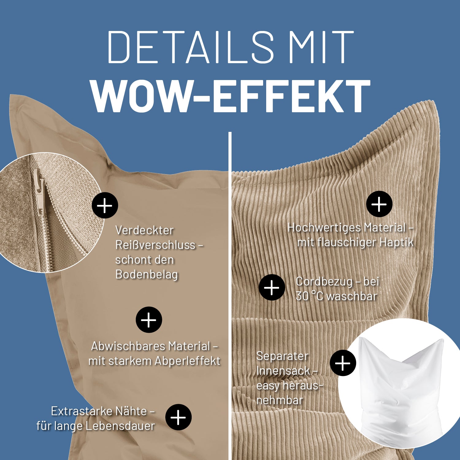 Beiger Sitzsack mit beiden Bezügen im Detail mit unterschiedlichen Informationen zu den USPs der unterschiedlichen Bezüge.