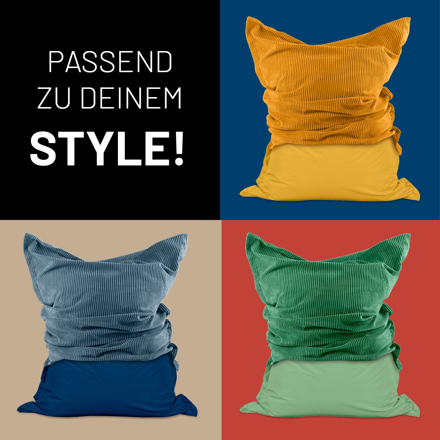 Drei verschiedene Farben des Sitzsack Classic XXL All-in-One Set vor Kontrastfarben in Kacheln - Passend zu deinem Style.
