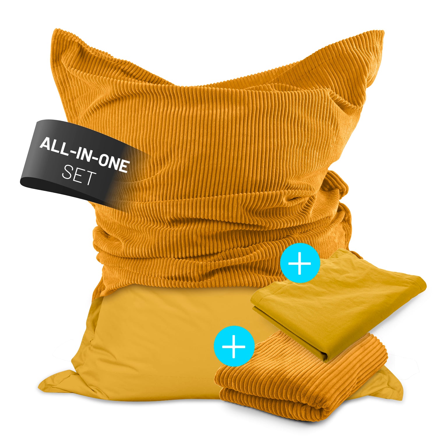 LUMALAND Sitzsack Classic XXL All-in-One Set in Senfgelb vor weißem Hintergrund. Sitzsack zur Hälfte mit Cord-Hülle, zur Hälfte mit Outdoor-Hülle.