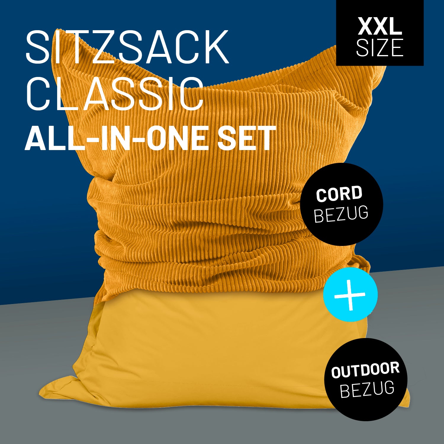 LUMALAND Sitzsack Classic XXL All-in-One Set in Senfgelb mit Icon "XXL Size", "Cord-Bezug + Outdoor-Bezug".