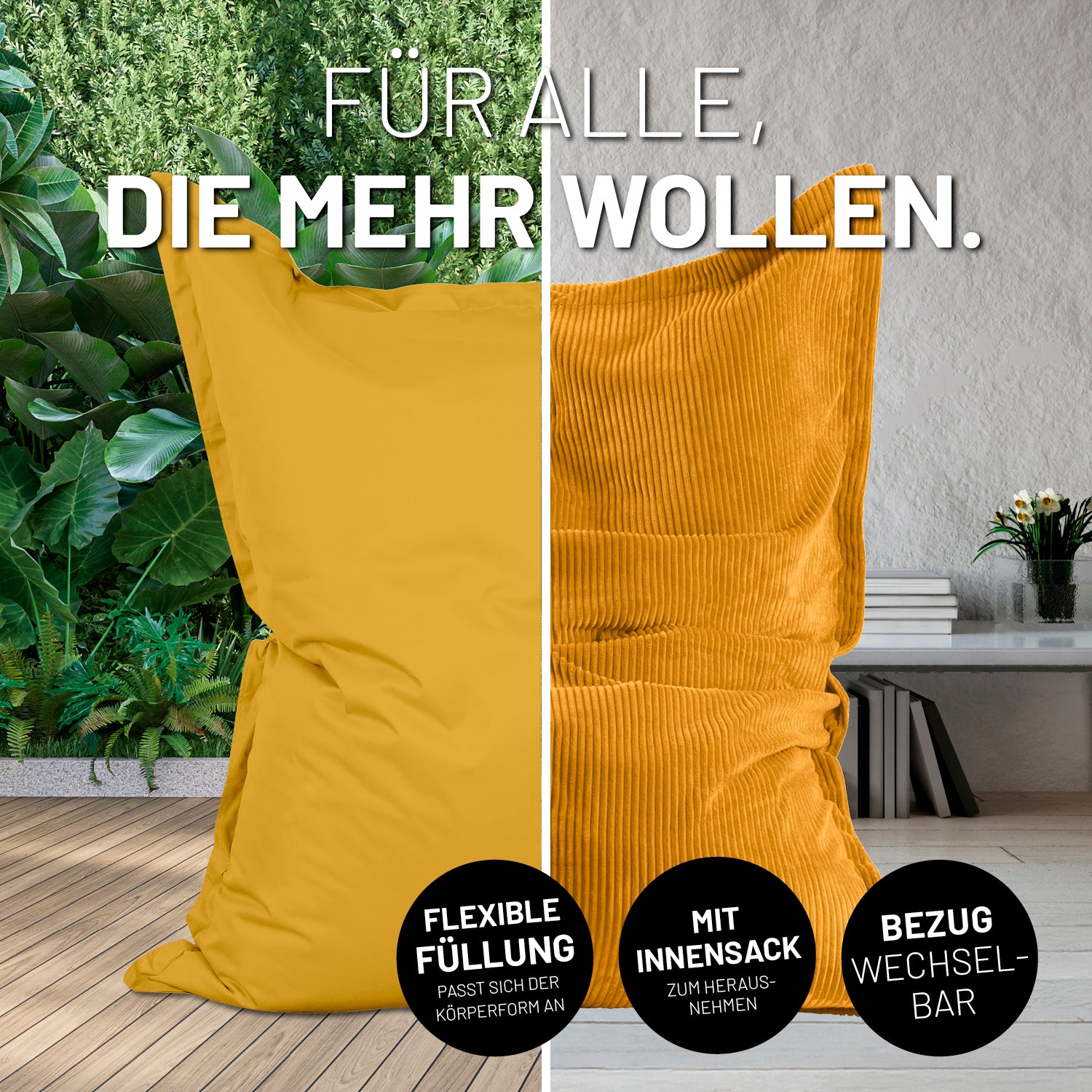 Bildteilung: Links XXL-Sitzsack Outdoor auf einer Terrasse und rechts XXL-Sitzsack mit Outdoorhülle im Wohnzimmer mit Icons "Flexible Füllung", "Mit Innensack" und "Bezug wechselbar".