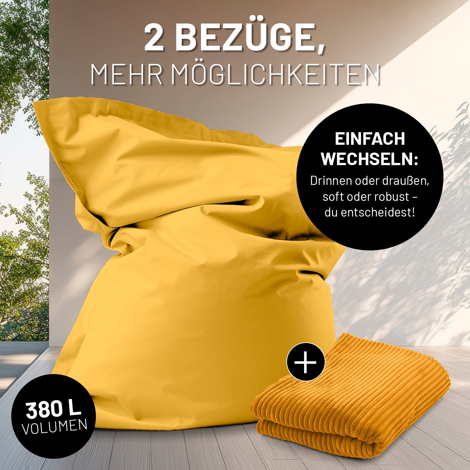 XXL-Sitzsack in Groß mit Outdoorbezug, daneben ein Cord-Bezug mit Icon "Einfach wechseln - Drinnen oder Draußen" und "380 L Volumen".