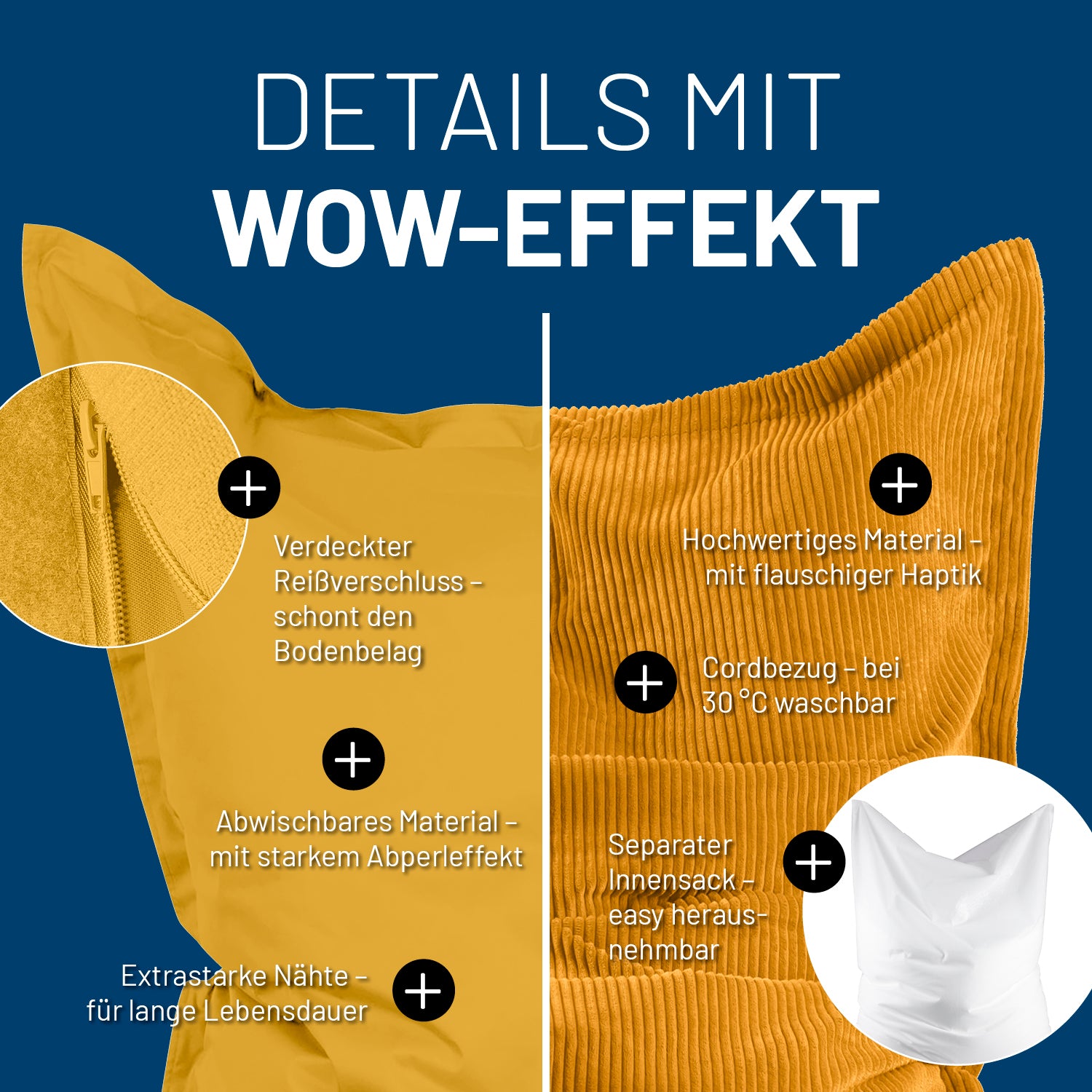 Senfelber Sitzsack mit beiden Bezügen im Detail mit unterschiedlichen Informationen zu den USPs der unterschiedlichen Bezüge.