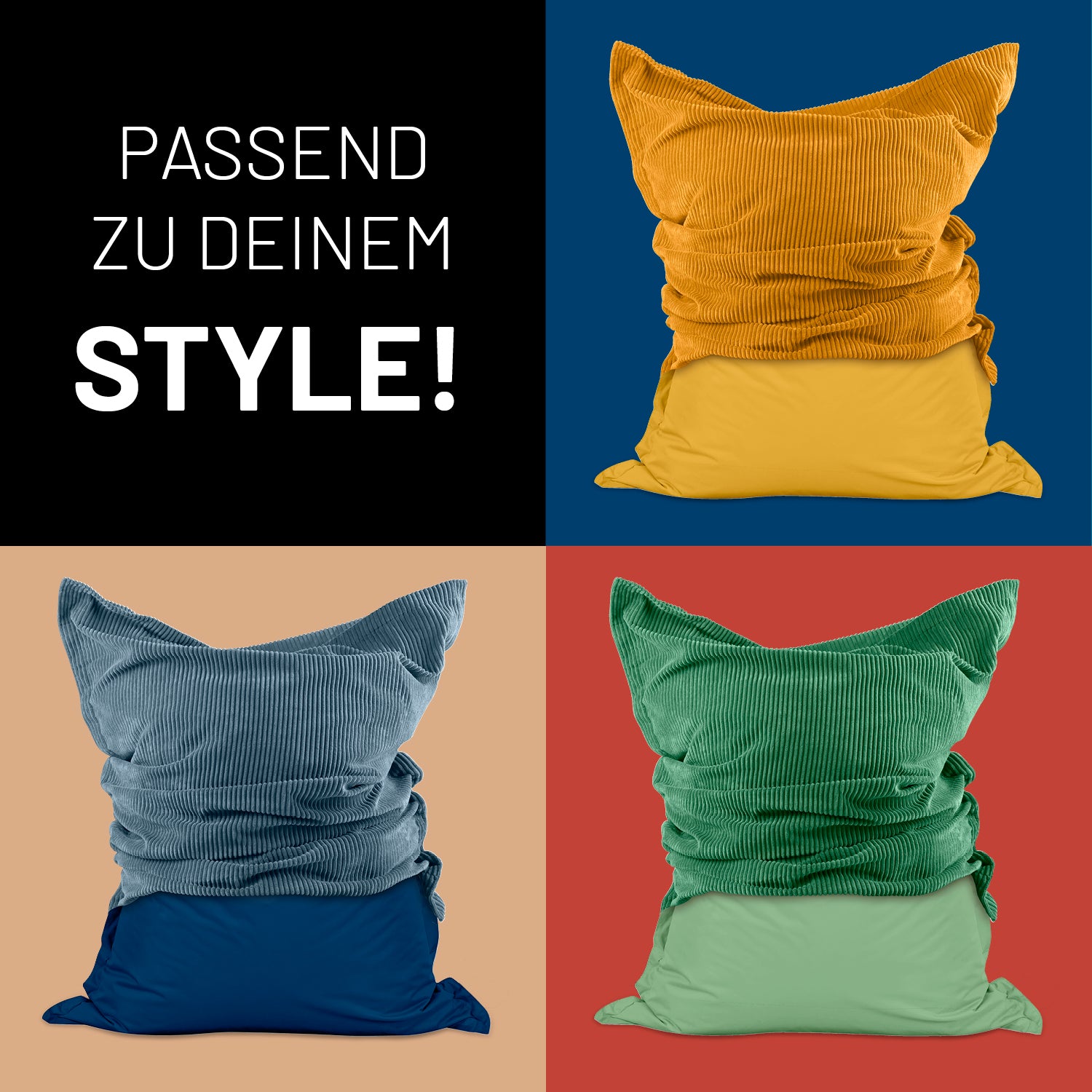 Drei verschiedene Farben des Sitzsack Classic XXL All-in-One Set vor Kontrastfarben in Kacheln - Passend zu deinem Style.