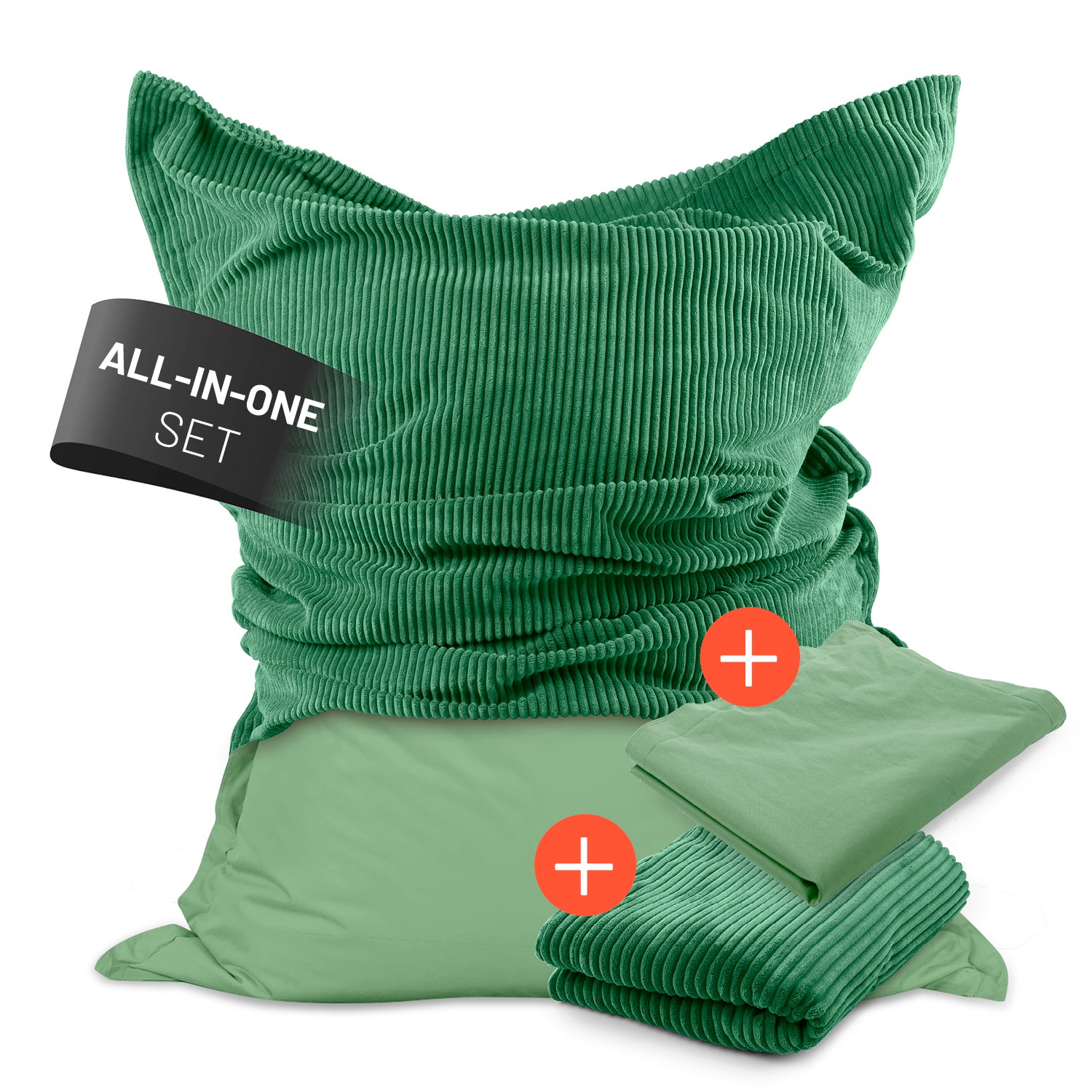 LUMALAND Sitzsack Classic XXL All-in-One Set in Dunkelgrün vor weißem Hintergrund. Sitzsack zur Hälfte mit Cord-Hülle, zur Hälfte mit Outdoor-Hülle.