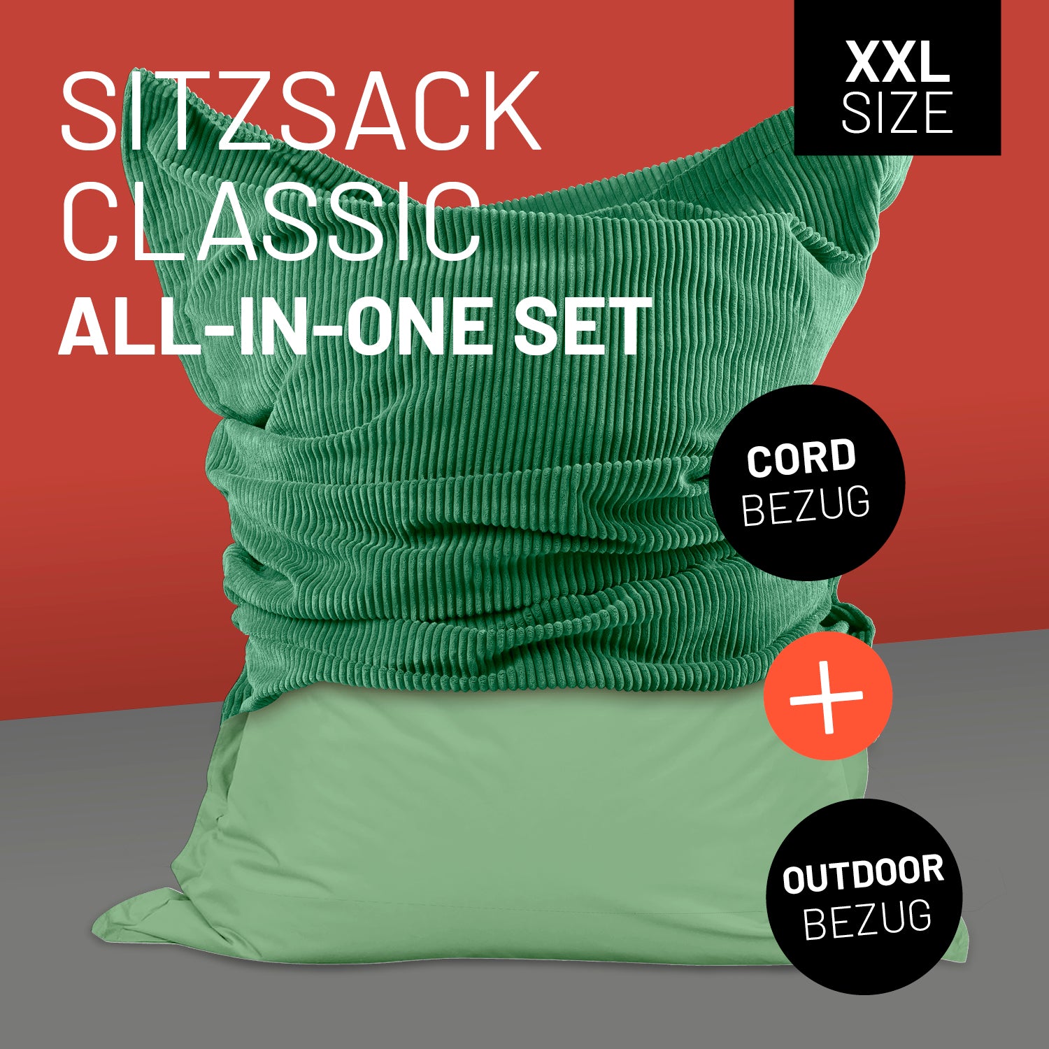LUMALAND Sitzsack Classic XXL All-in-One Set in Dunkelgrün mit Icon "XXL Size", "Cord-Bezug + Outdoor-Bezug".