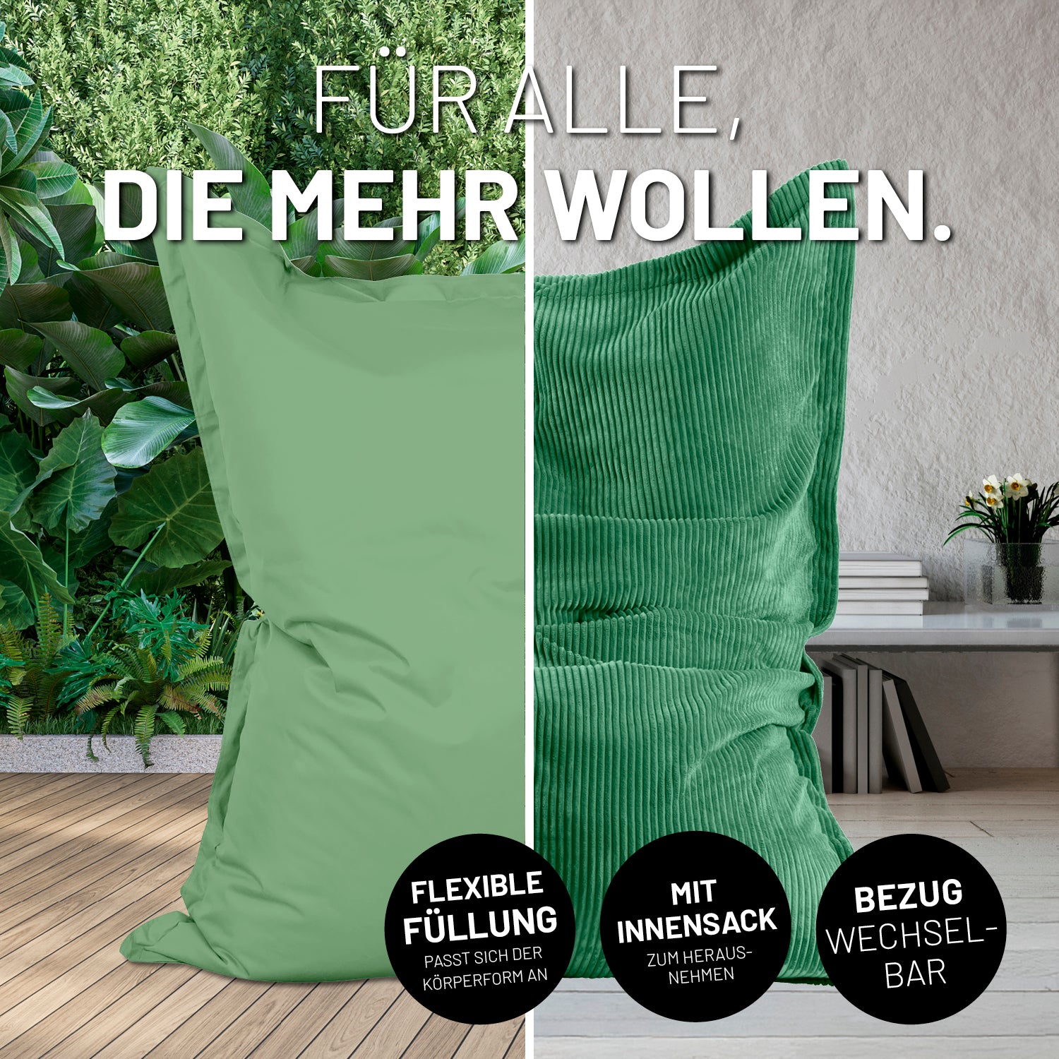 Bildteilung: Links XXL-Sitzsack Outdoor auf einer Terrasse und rechts XXL-Sitzsack mit Outdoorhülle im Wohnzimmer mit Icons "Flexible Füllung", "Mit Innensack" und "Bezug wechselbar".