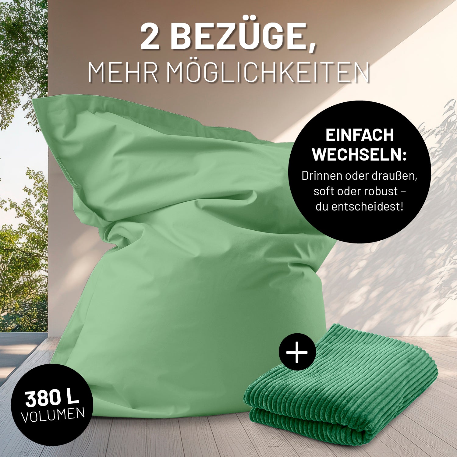 XXL-Sitzsack in Groß mit Outdoorbezug, daneben ein Cord-Bezug mit Icon "Einfach wechseln - Drinnen oder Draußen" und "380 L Volumen".