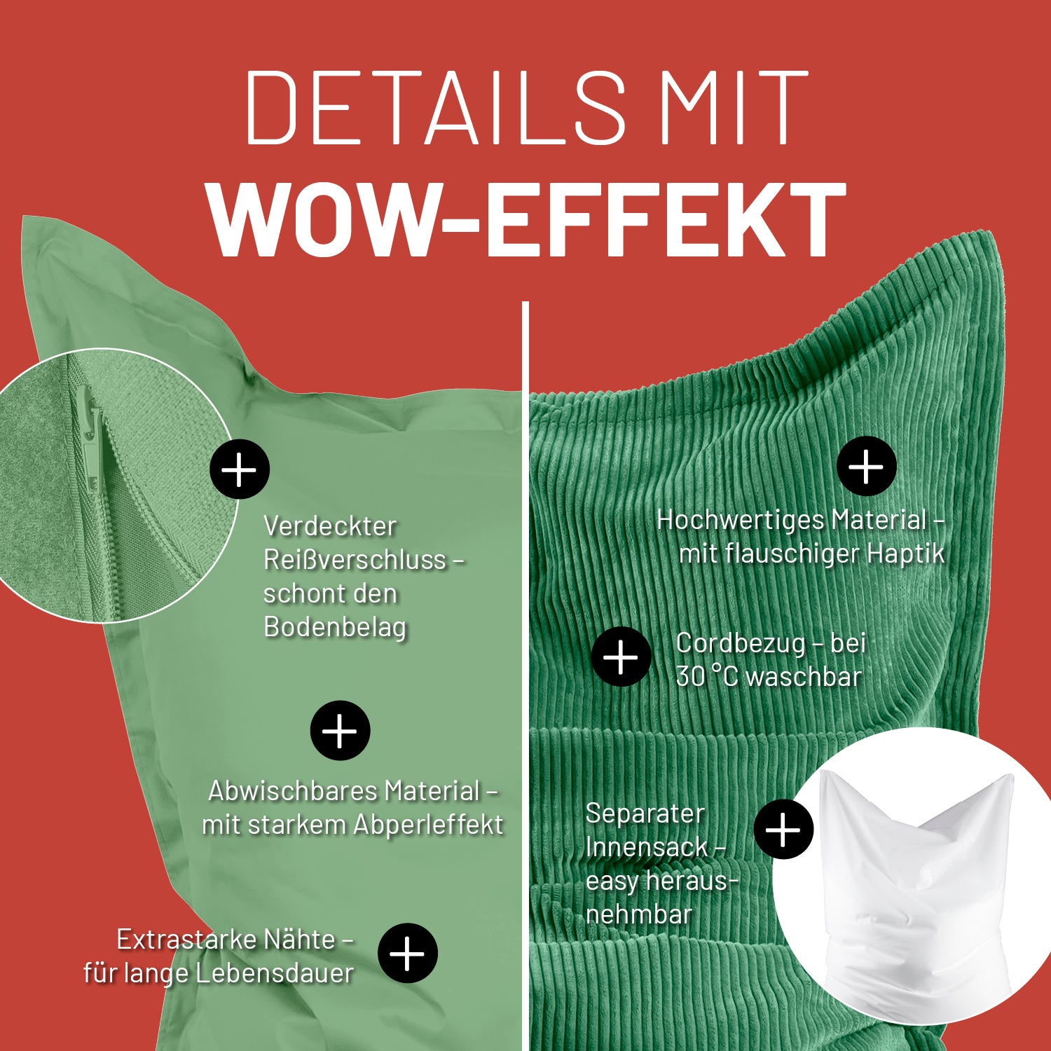 Dunkelgrüner Sitzsack mit beiden Bezügen im Detail mit unterschiedlichen Informationen zu den USPs der unterschiedlichen Bezüge.