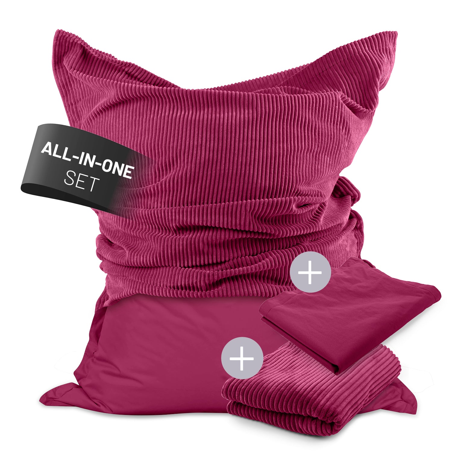 LUMALAND Sitzsack Classic XXL All-in-One Set in Weinrot vor weißem Hintergrund. Sitzsack zur Hälfte mit Cord-Hülle, zur Hälfte mit Outdoor-Hülle.