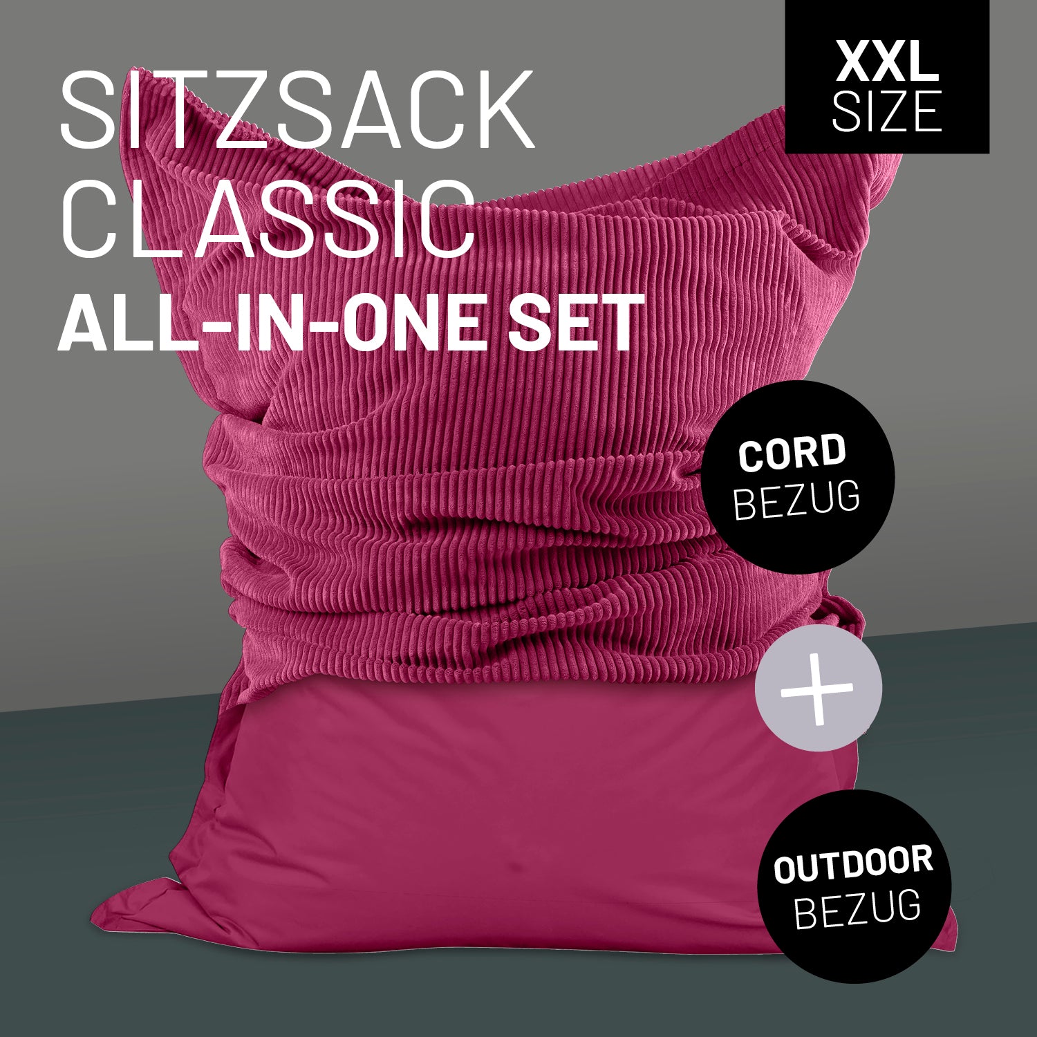 LUMALAND Sitzsack Classic XXL All-in-One Set in Weinrot mit Icon "XXL Size", "Cord-Bezug + Outdoor-Bezug".