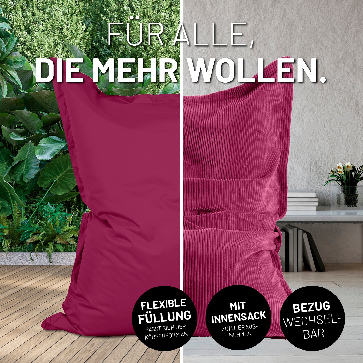 Bildteilung: Links XXL-Sitzsack Outdoor auf einer Terrasse und rechts XXL-Sitzsack mit Outdoorhülle im Wohnzimmer mit Icons "Flexible Füllung", "Mit Innensack" und "Bezug wechselbar".
