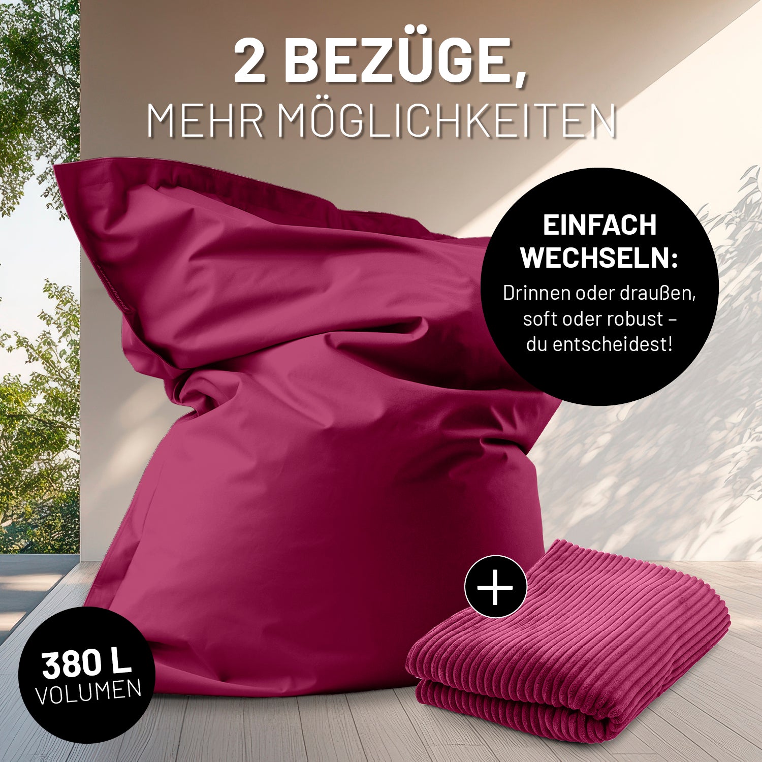 XXL-Sitzsack in Groß mit Outdoorbezug, daneben ein Cord-Bezug mit Icon "Einfach wechseln - Drinnen oder Draußen" und "380 L Volumen".