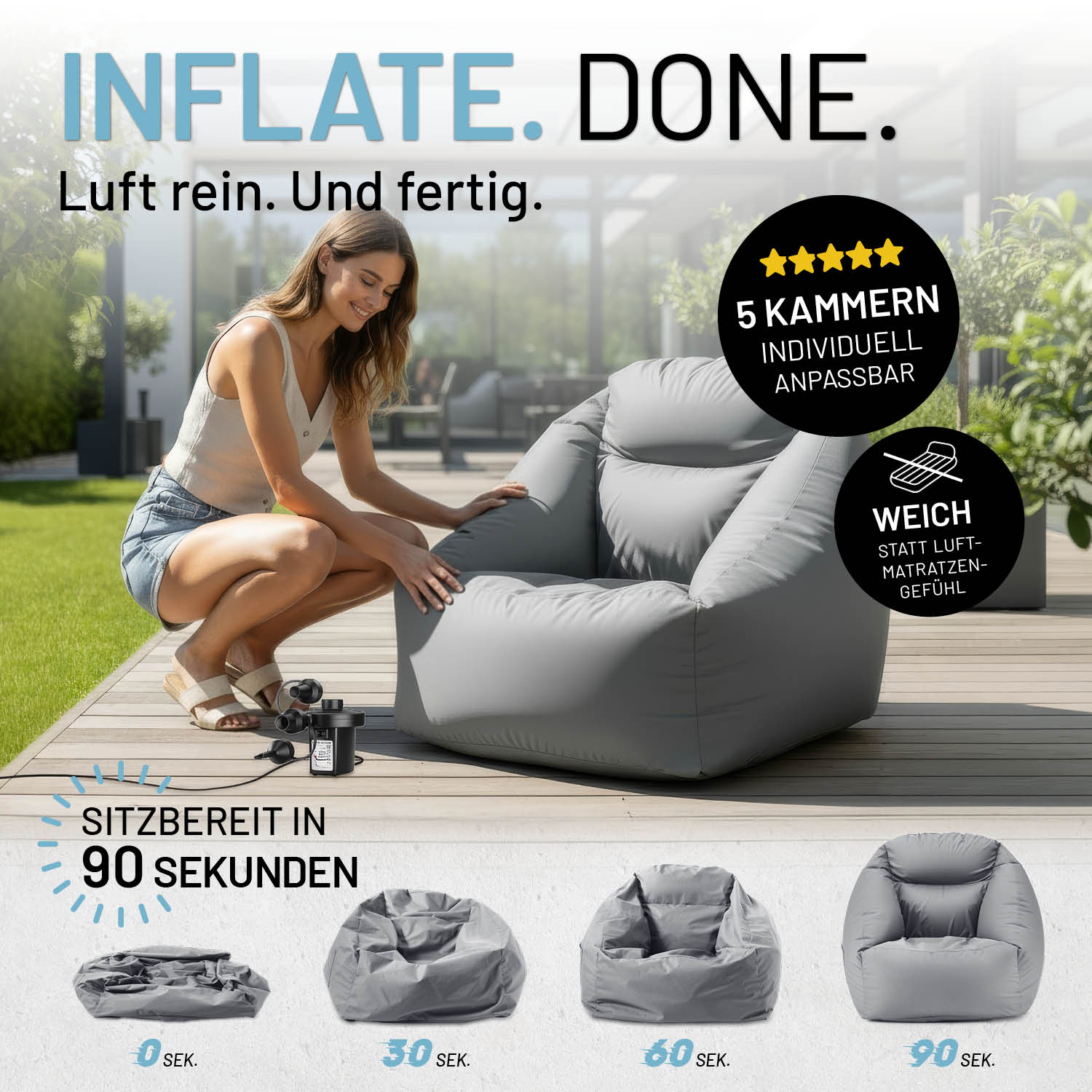 Eine Frau pumpt den grauen aufblasbaren LUMALAND CROZY AIR Sessel auf einer Terrasse auf. In 90 Sekunden sitzbereit. Icon zu "weich" und "5 individuell anpassbaren Luftkammern".