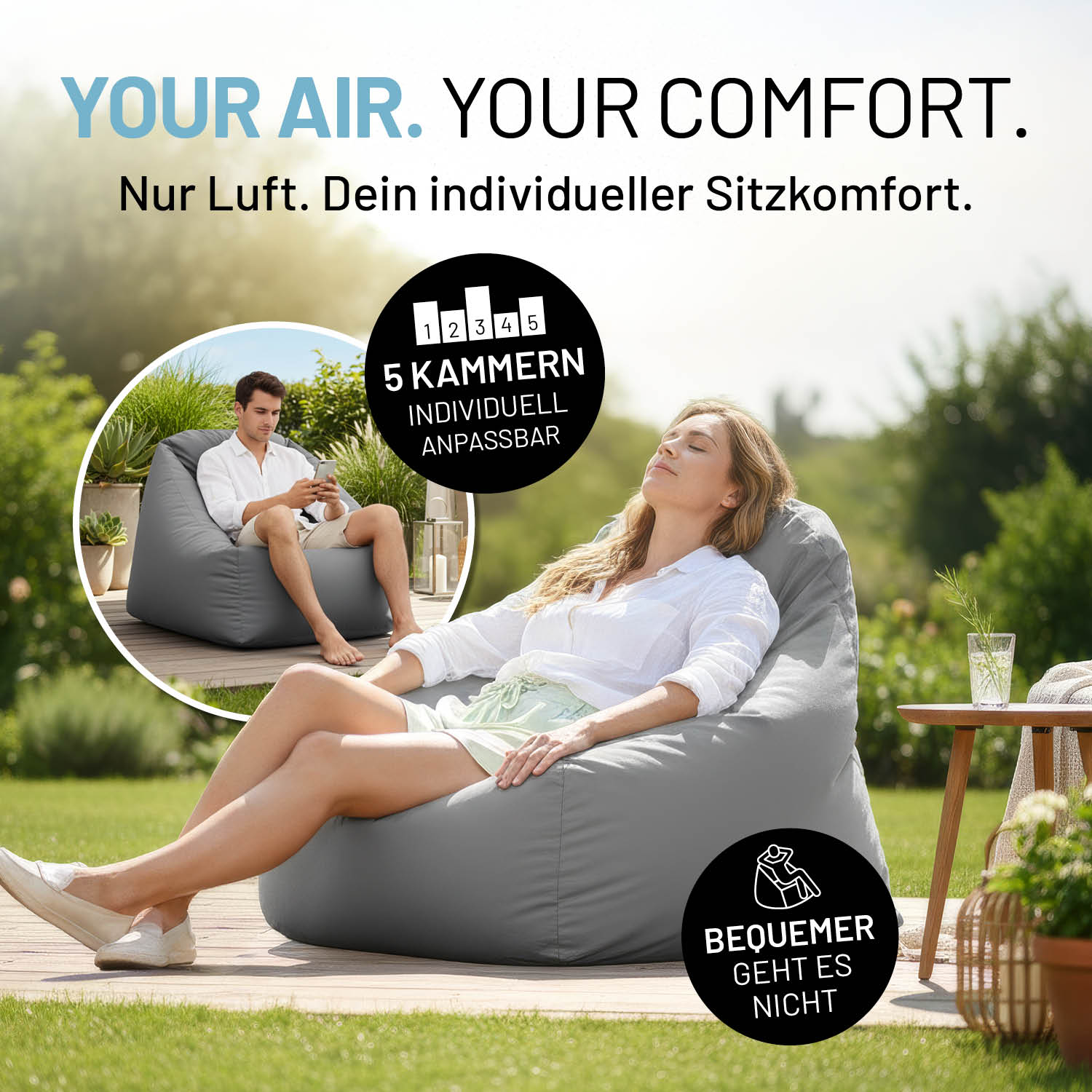 Eine Frau und ein Mann entspannen auf grauem Luftsessel im Garten. Icons zu "5 Kammern individuell anpassbar für maximalen Sitzkomfort" und "Bequemer geht es nicht".