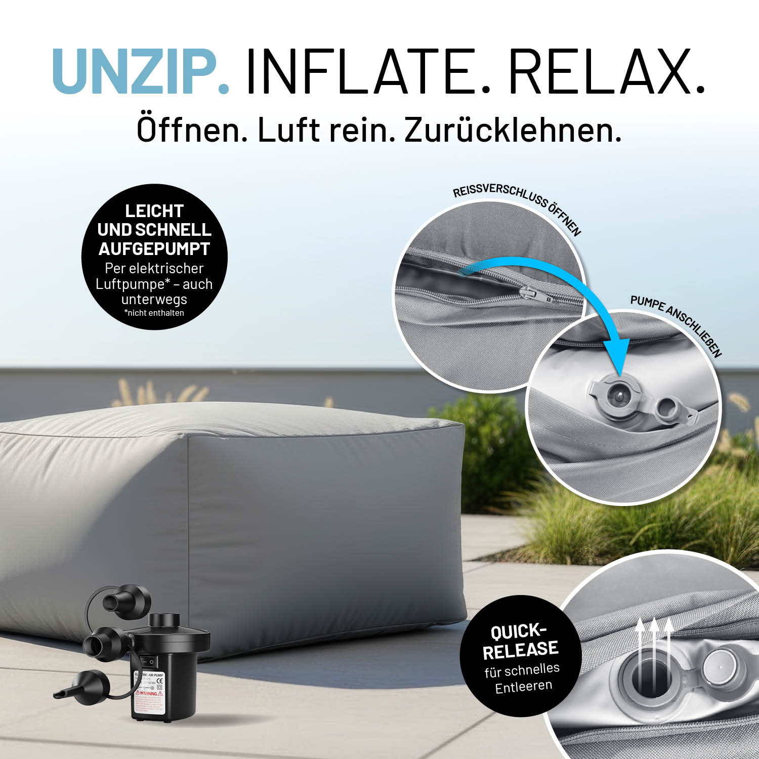 Grauer LUMALAND Crozy Air Hocker mit Reißverschluss und Ventil; per Pumpe leicht und schnell aufblasen. Icons zu "Quick-Release zum Entleeren".