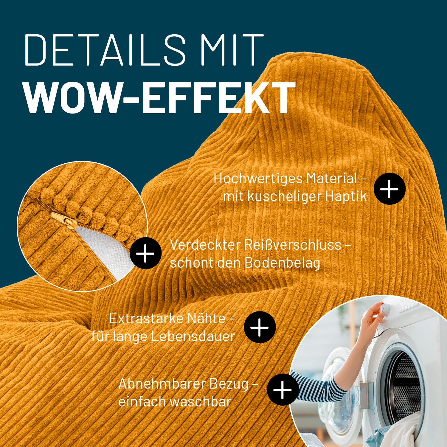 Senfgelber Cord-Sitzsack im Detail mit Informationen zu "Verdeckter Reißverschluss", "Extrastarke Nähte" und "Waschbarer Bezug".