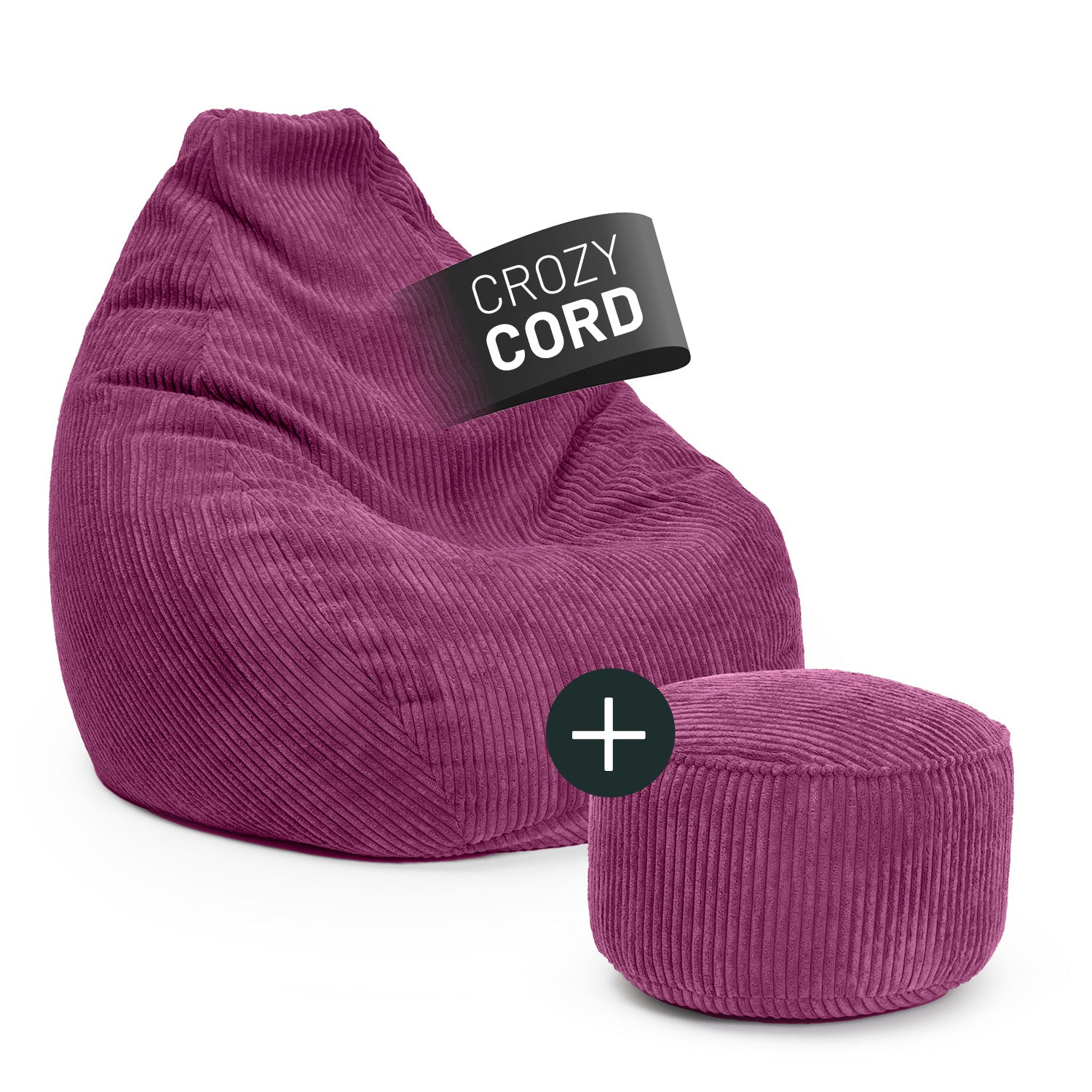 LUMALAND Relax Set Cord in Weinrot bestehend aus GIANT Cord Sitzsack und Cord Pouf vor weißem Hintergrund mit Fahne "Crozy Cord".