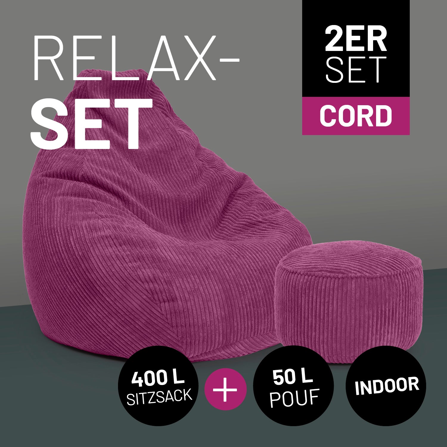 Das weinrote Relax Set bestehend aus Sitzsack und passenden Pouf in Cord. Icons "2er-Set Cord", "400 L Sitzsack" + "50 L Pouf" und "Indoor".