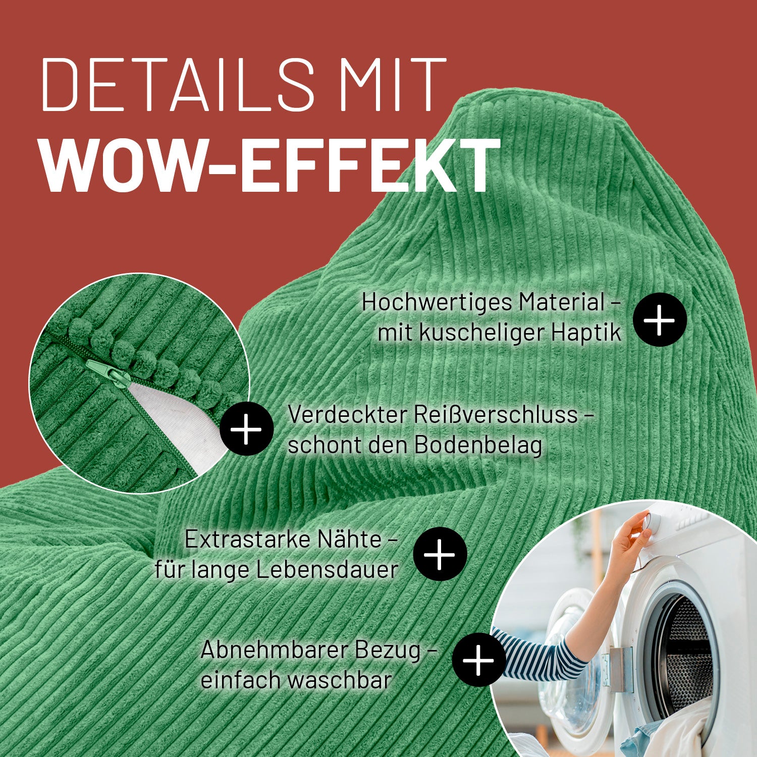 Dunkelgrüner Cord-Sitzsack im Detail mit Informationen zu "Verdeckter Reißverschluss", "Extrastarke Nähte" und "Waschbarer Bezug".