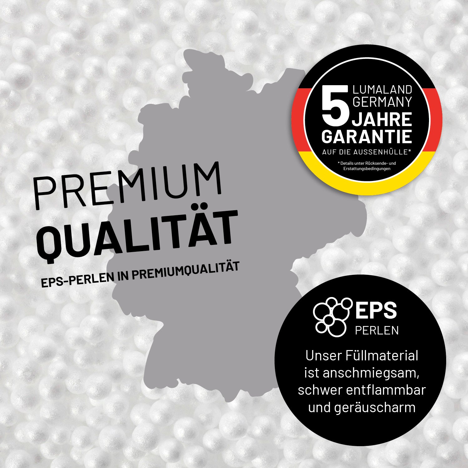 Umrisse der Deutschland-Karte mit Hinweis auf die EPS-Perlen und LUMALAND Germany 5 Jahre Garantie auf die Aussenhülle.