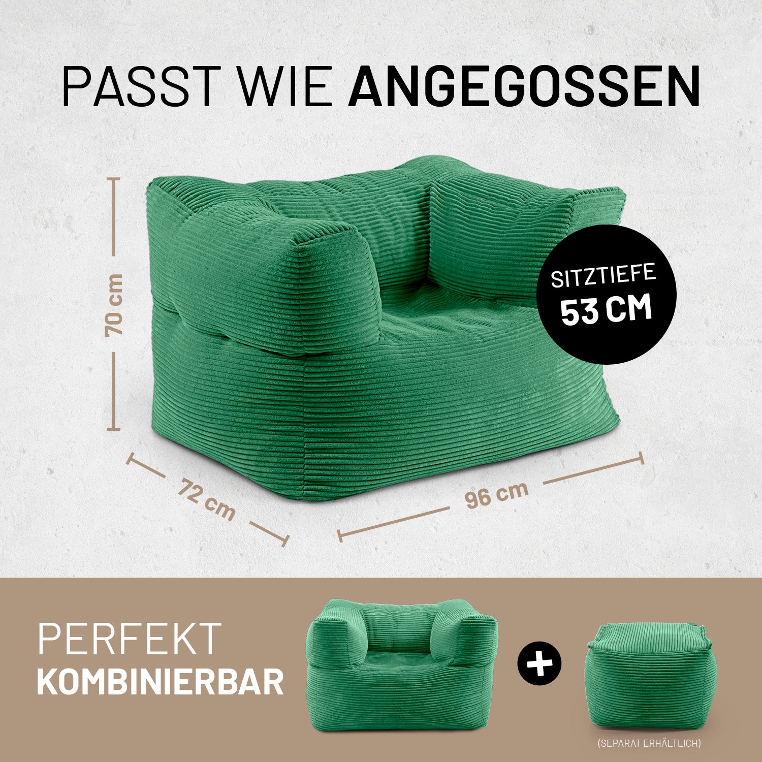 Dunkelgrüner, weich gepolsterter Sessel mit Maßen 70×72×96 cm und 53 cm Sitztiefe, unten ergänzt durch kombinierbaren passenden Hocker.