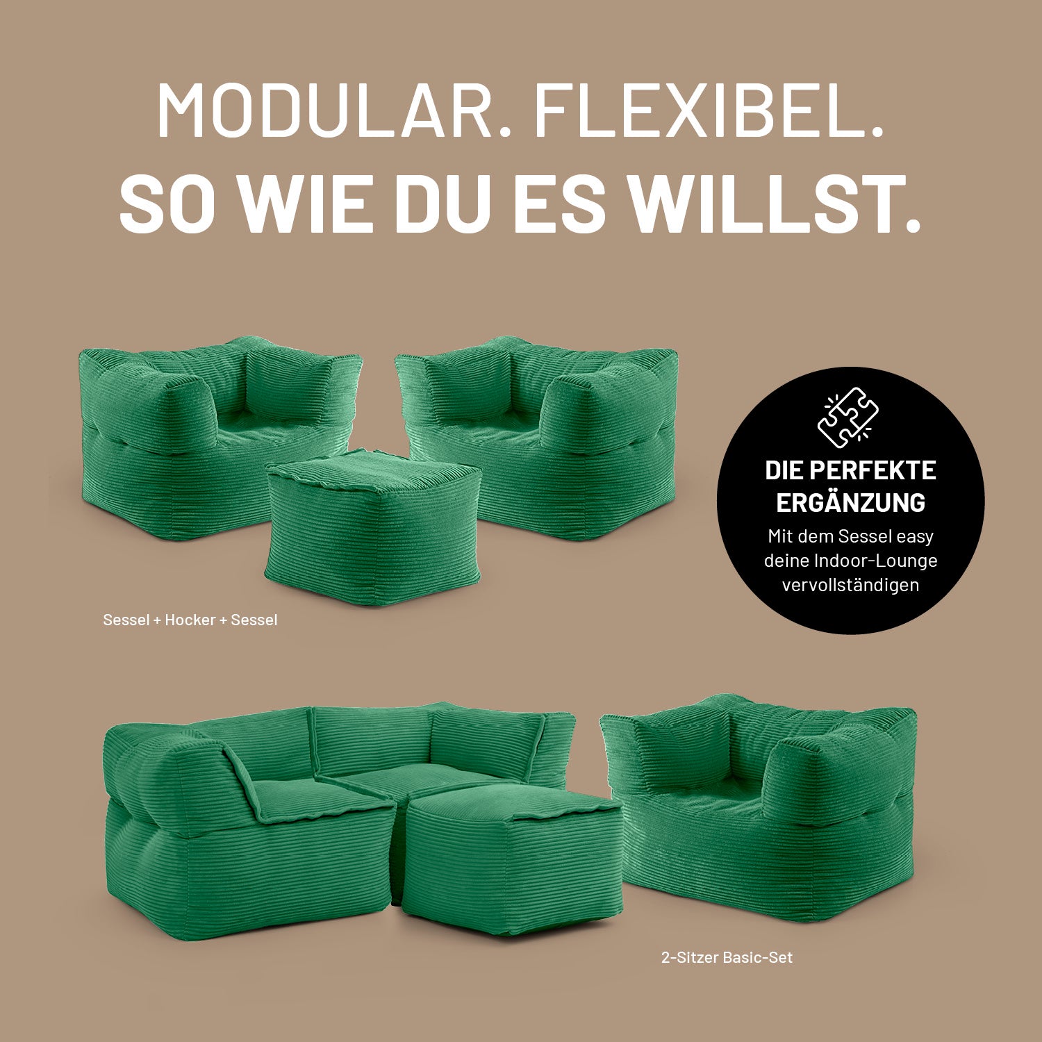 Sessel und Hocker des LUMALAND Modularen Systems in variablen Kombinationen, flexibel erweiterbar für individuelle Indoor-Lounge-Layouts.