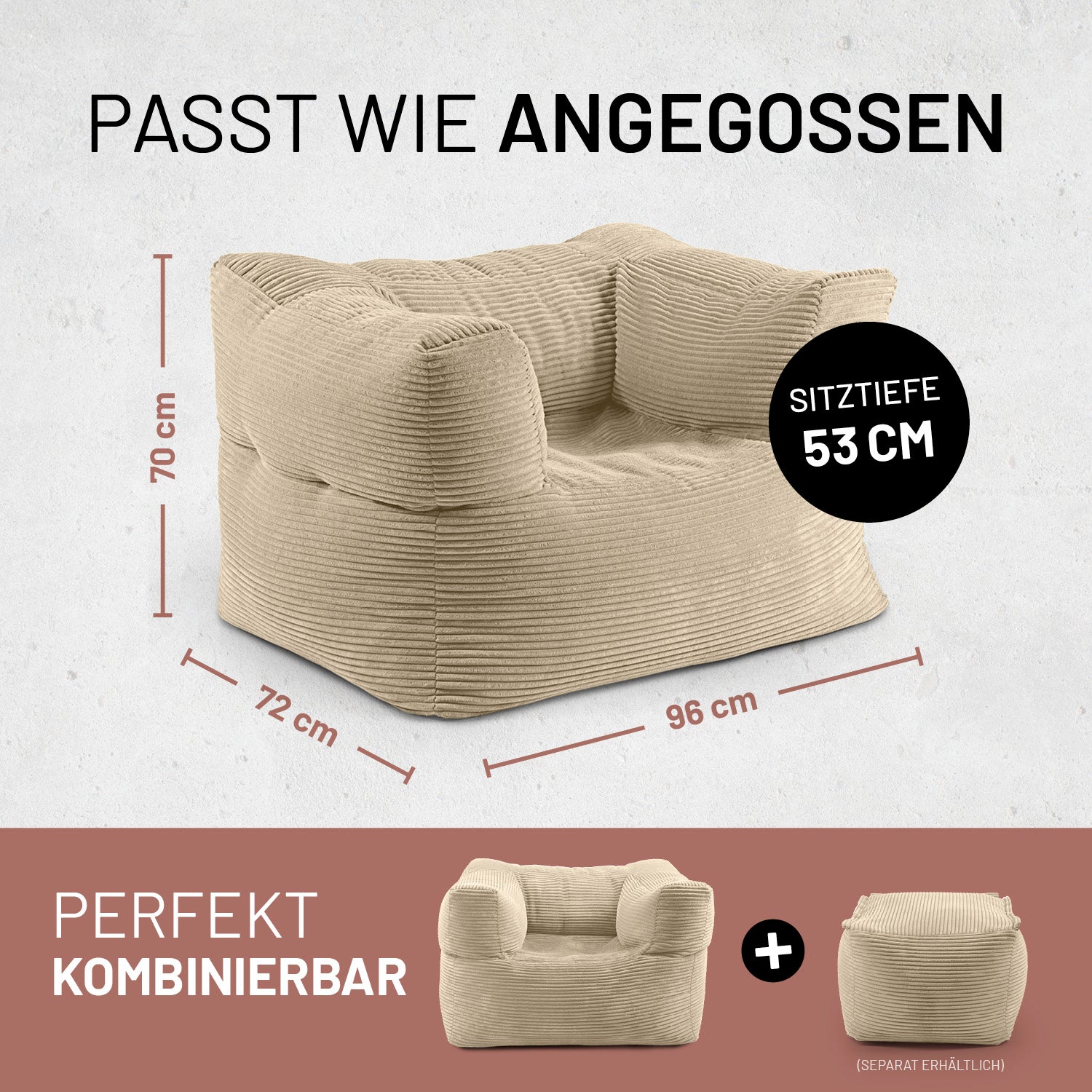 Beiger, weich gepolsterter Sessel mit Maßen 70×72×96 cm und 53 cm Sitztiefe, unten ergänzt durch kombinierbaren passenden Hocker.